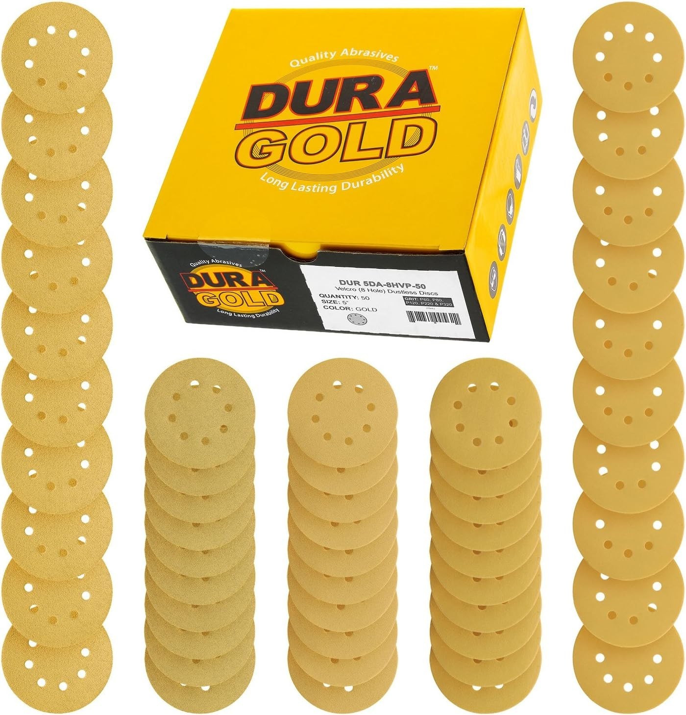 5-Inch Gold Sanding Discs – 50-Piece Variety Pack with 8 Holes for Dust-Free Use