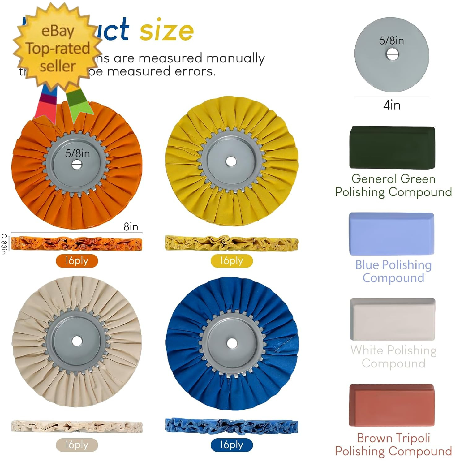 8” Airway Buffing Wheel Kit, 9 Pcs Aluminum Wheel Polishing Kit in Diameter 5/8