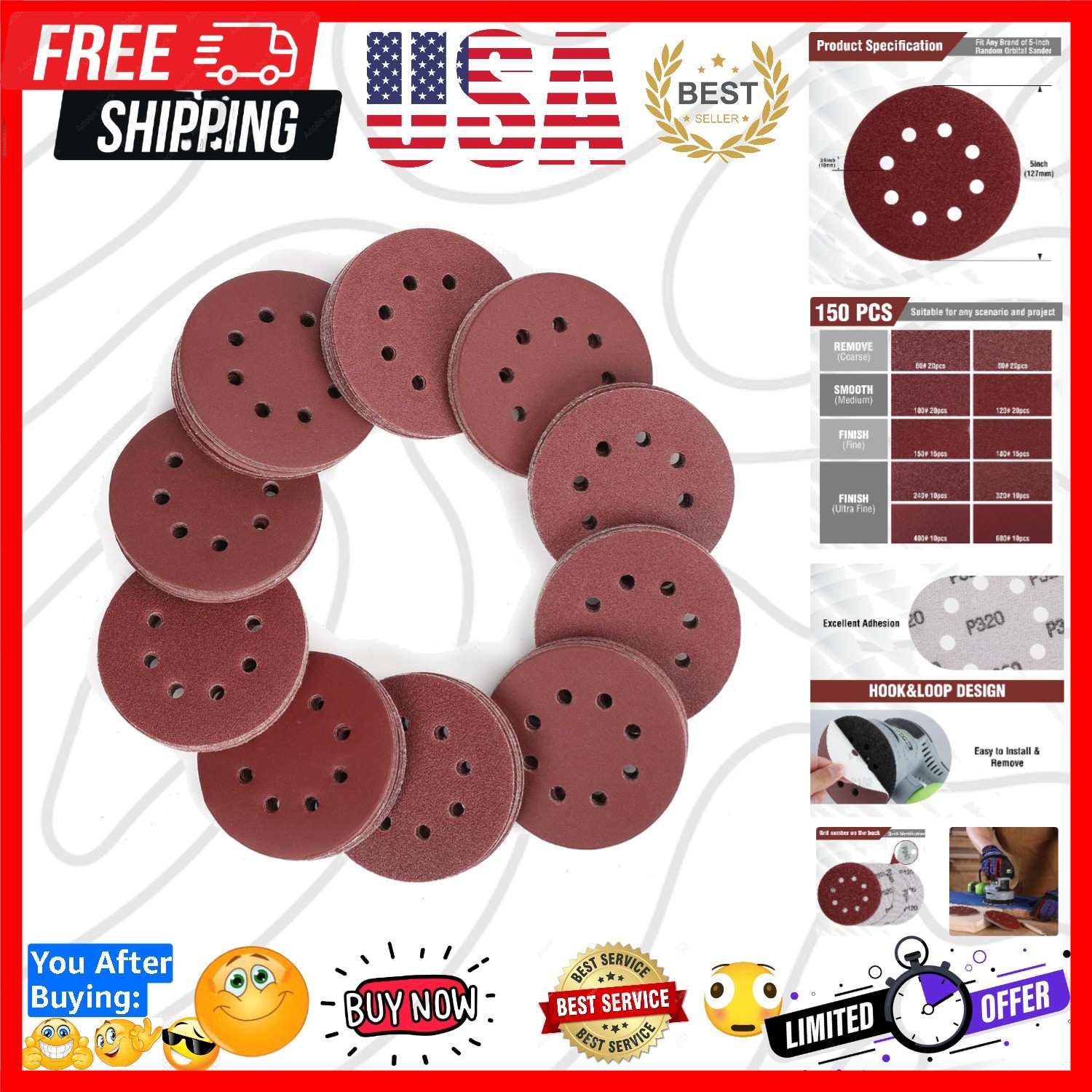 150-piece Sanding Discs Set – 5-Inch 8-Hole Sandpaper 10 Grades Include 60, 8…