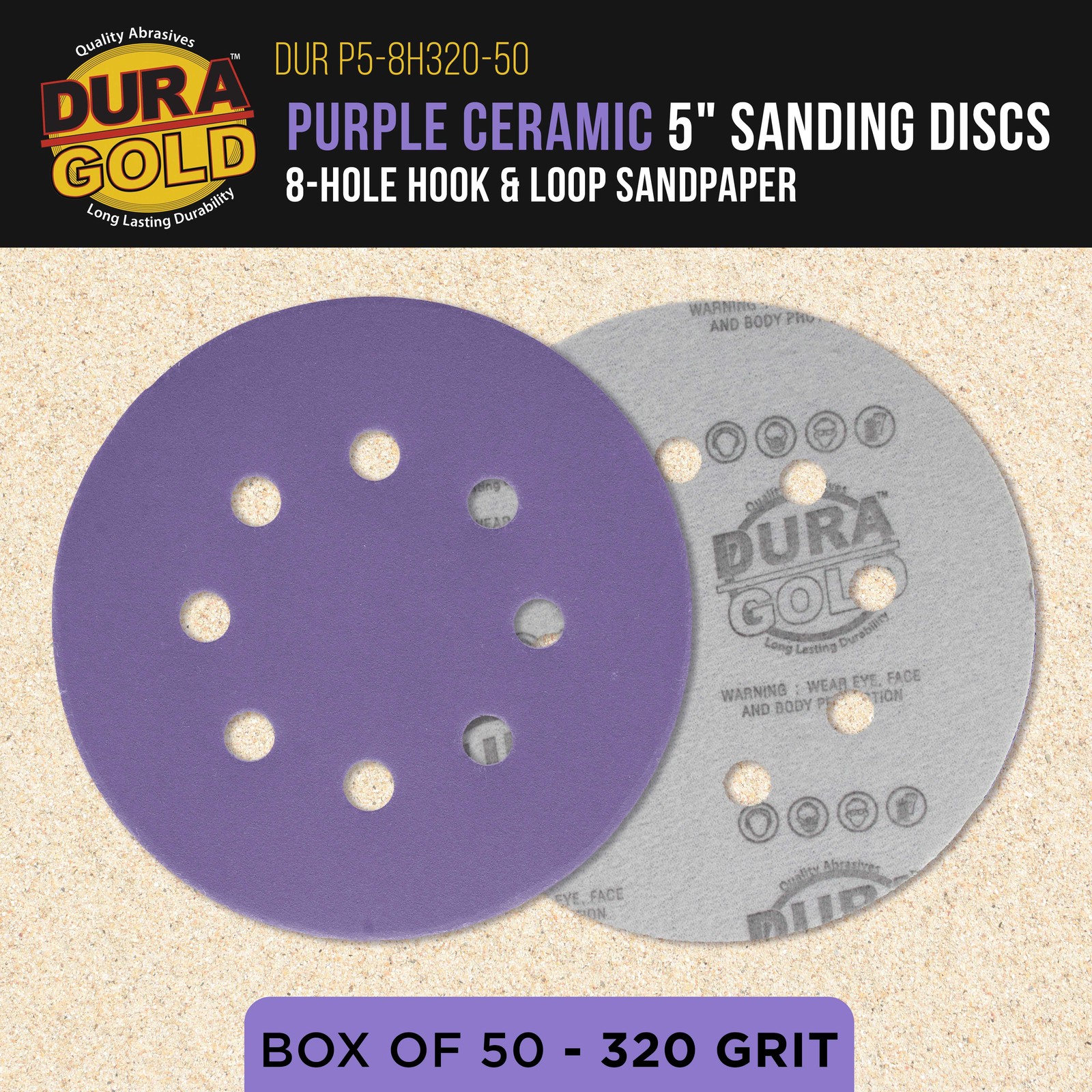 320 Grit 5″ Ceramic Sanding Discs, 8-Hole, Box of 50 – Hook & Loop Sandpaper
