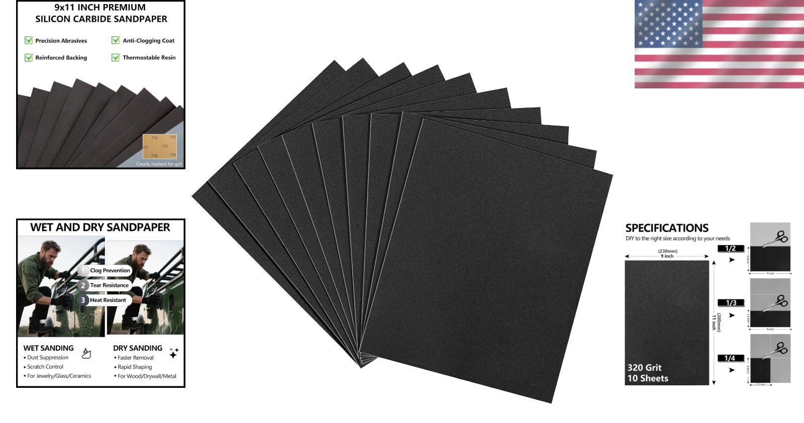 10 Pack of 320 Grit Aluminum Oxide Sanding Sheets – 9×11 Inch, Multi-Tool Use