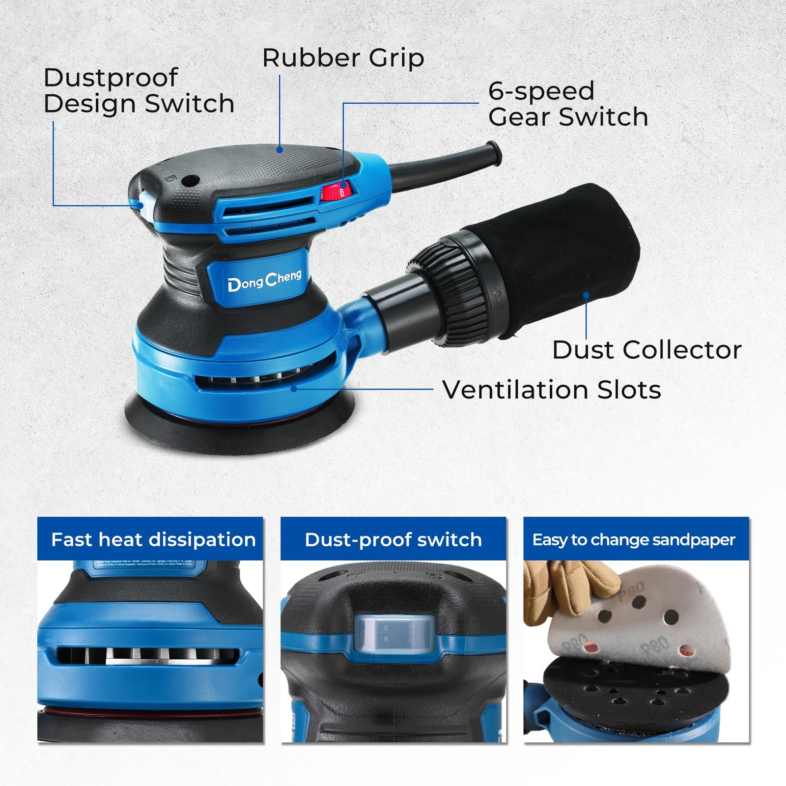 Dong Cheng 5-Inch Random Orbital Sander 3.2A 12800OPM Electric Palm Blue