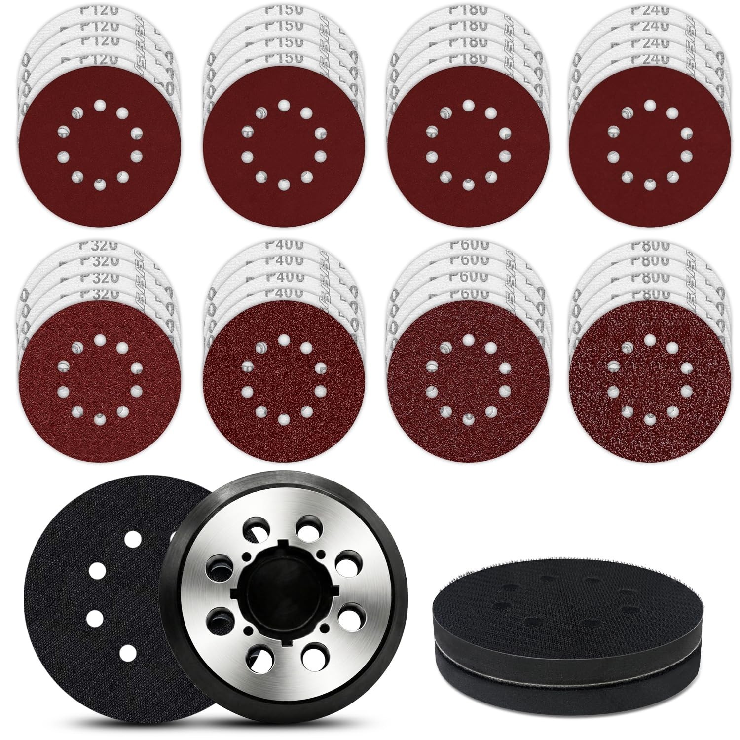 5″ 8-Hole Sander Pad, Orbital Replacement for DeWalt, Includes 40 Discs & 3 Foam
