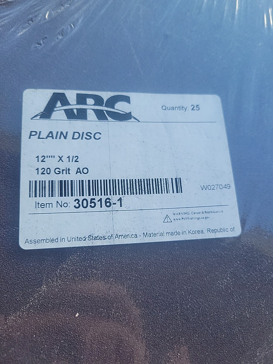 ARC Abrasives 12” Plain Sanding Disc, 30516-1, 25 Per Pack, 120 Grit