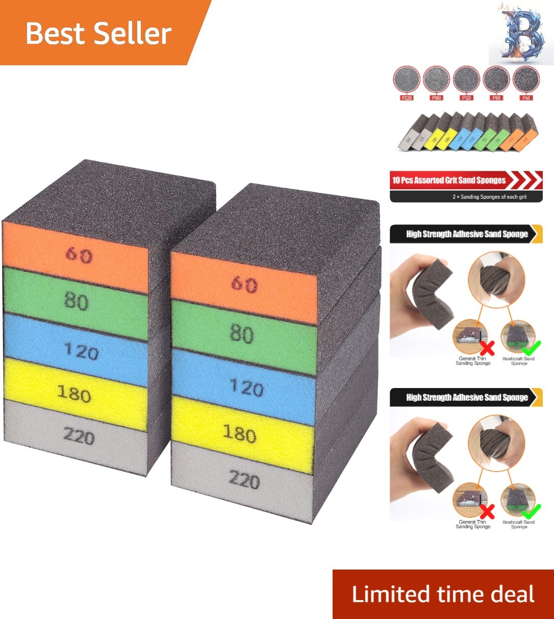 Versatile 10 Pack Washable Sanding Blocks – 60 to 220 Grit for Smooth Finishing