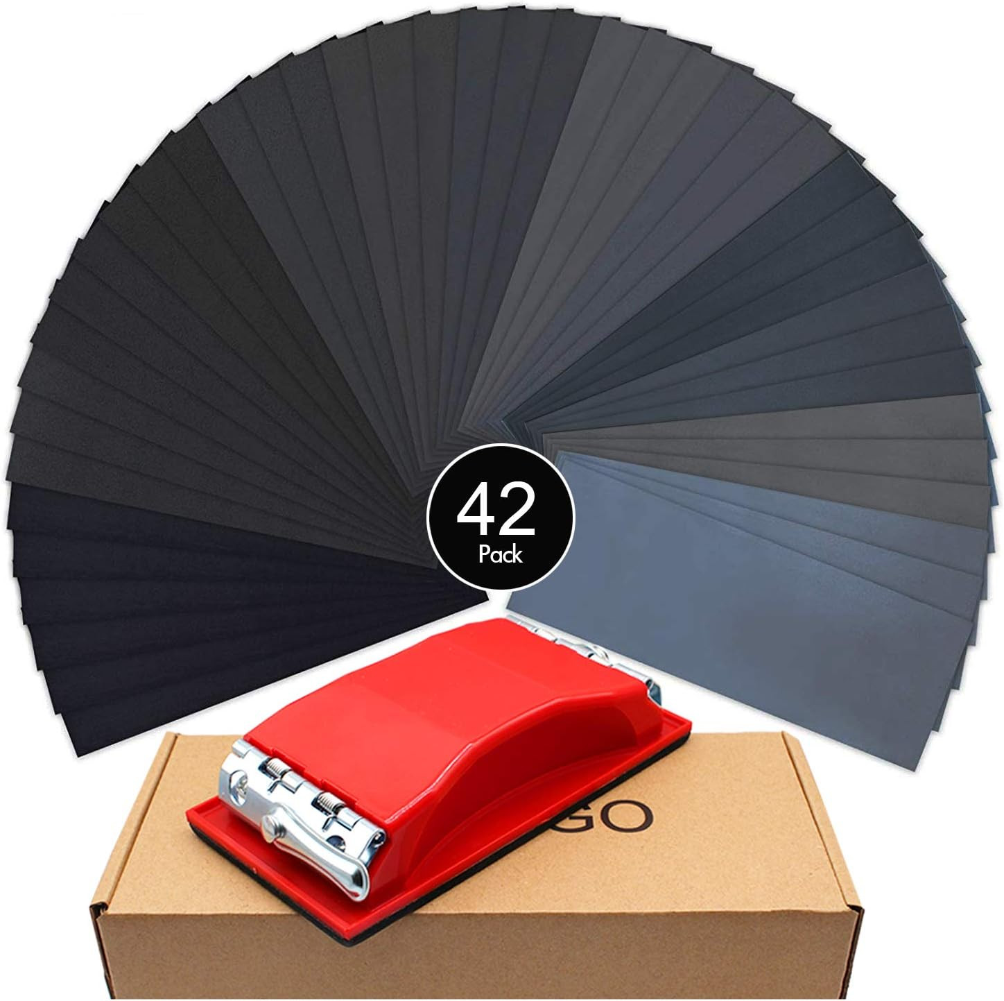 Sanding Block With 42 Wet Dry Sandpaper Sheets 120 3000 Grit 9×3.6
