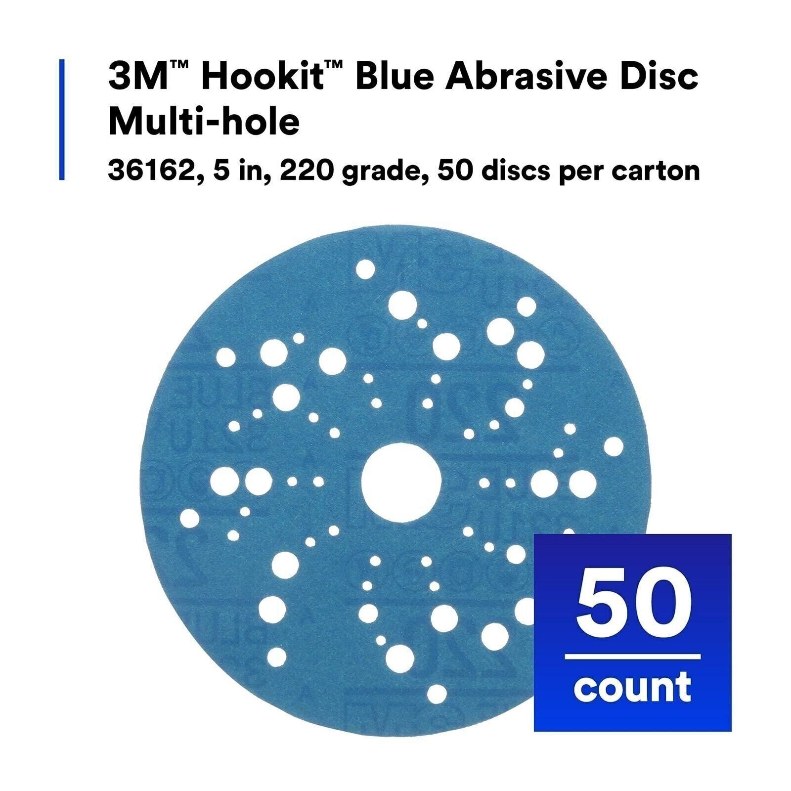 3M Hookit Blue Abrasive Discs 36162, Multi-Hole, 5 in, 220+ Grade, Pack of 50,