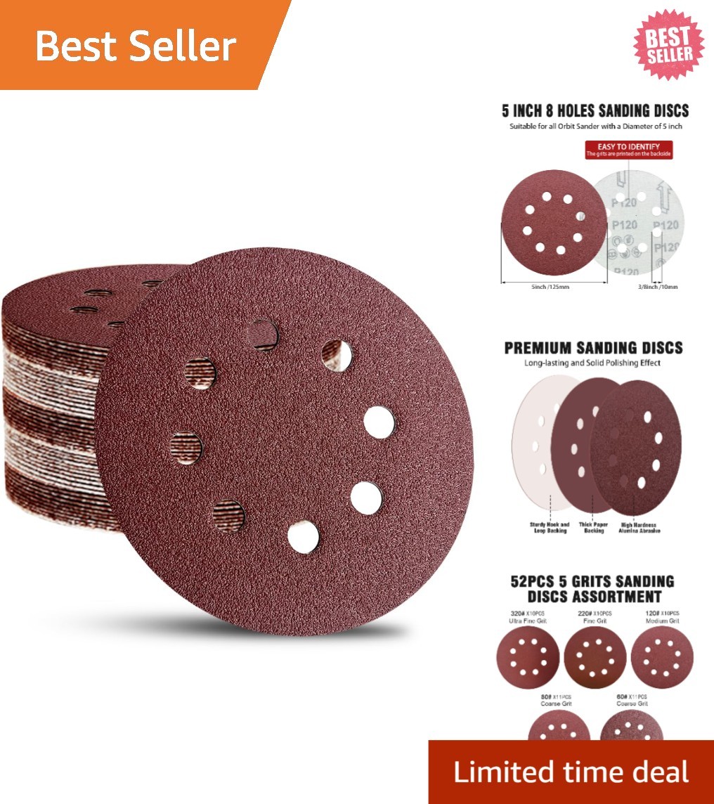 52-Pack 5-Inch Hook and Loop Sanding Discs with Mixed Grits for Orbital Sanders