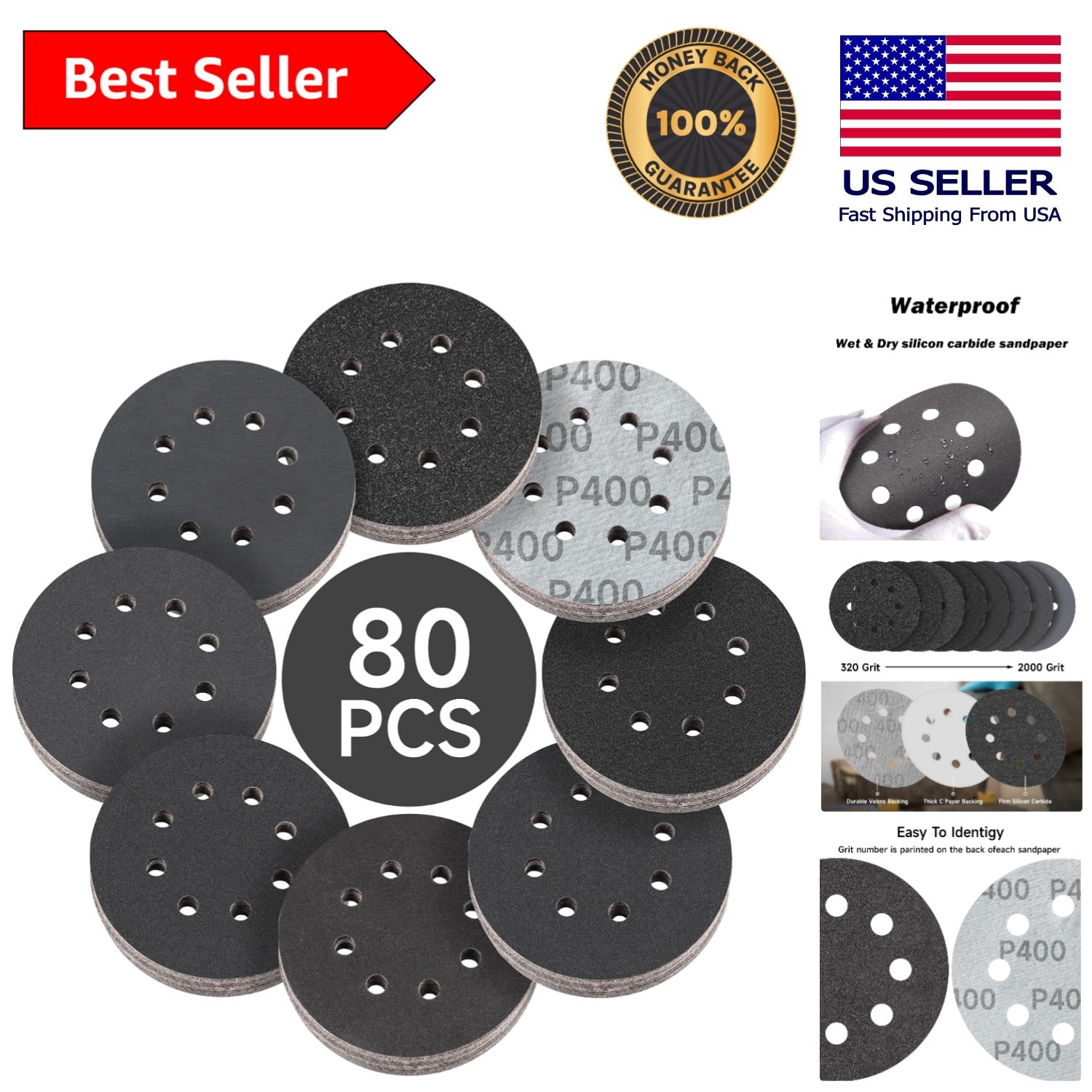 80PCS 5” Hook & Loop Sandpaper Set – Mixed Grit for Metal and Auto Use