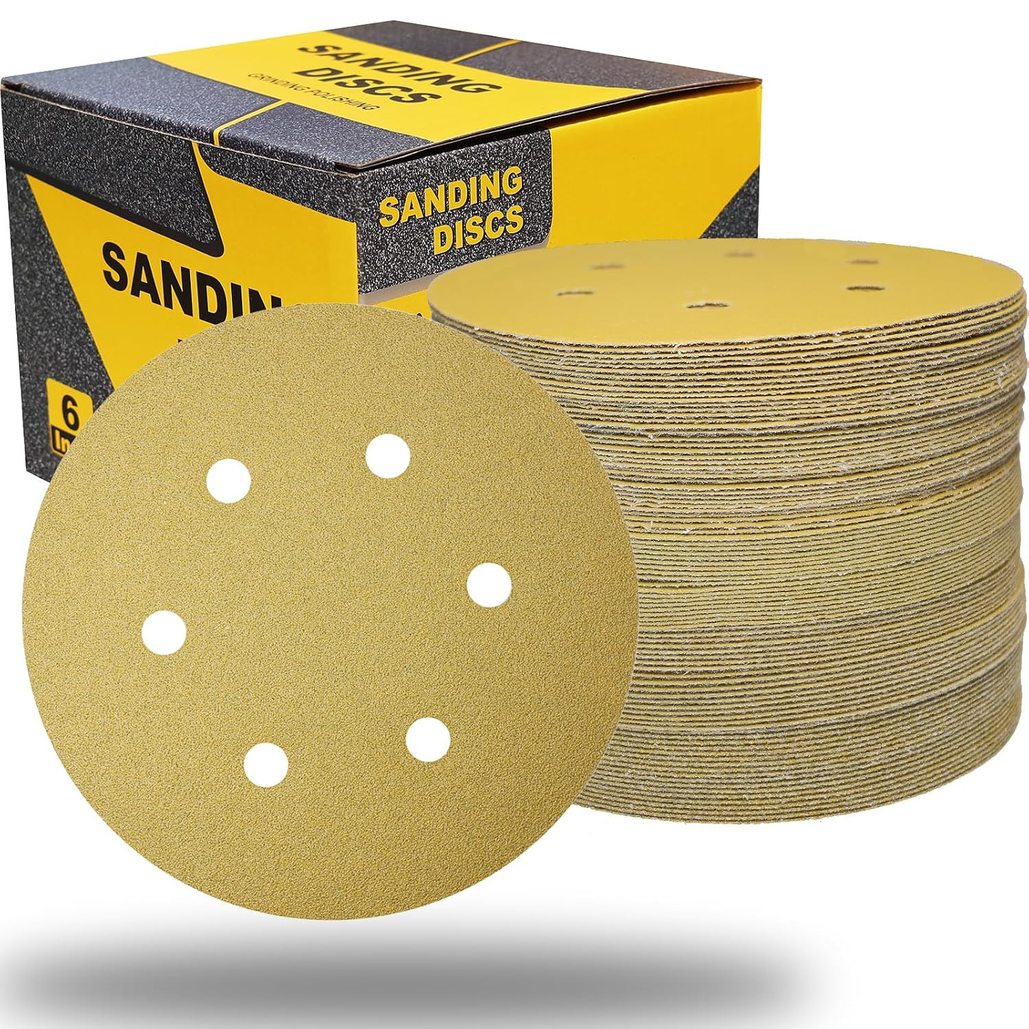 50 Pack 6 Inch 6 Hole Gold Sanding Discs – 80, 180, 220, 320, 400 Grit Dustless