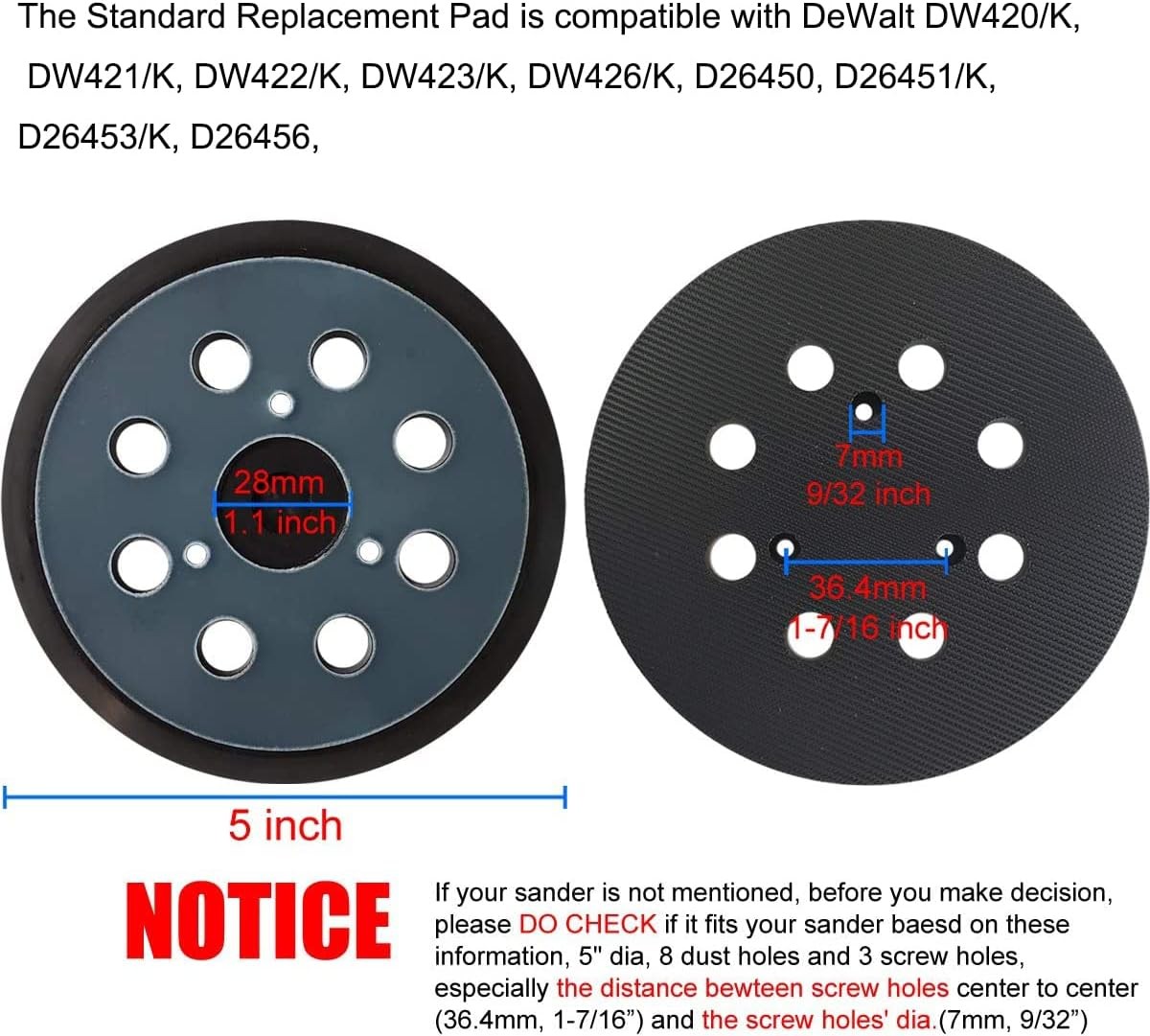 5″ 8 Hole Hook & Loop Sander Pad for DeWalt DW420 DW421 DW423 DW426 D26451
