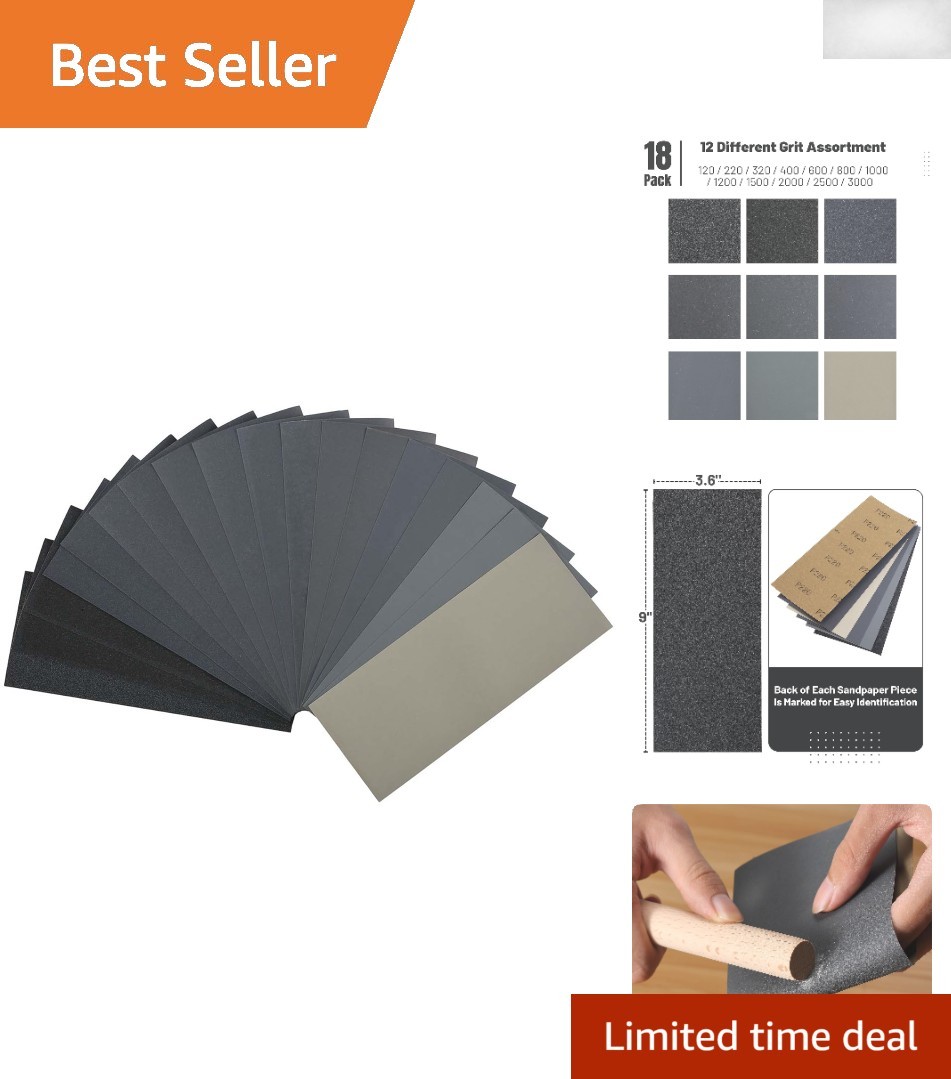 Versatile 18 Pcs Wet/Dry Sandpaper – 12 Grits from 120 to 3000 for All Projects