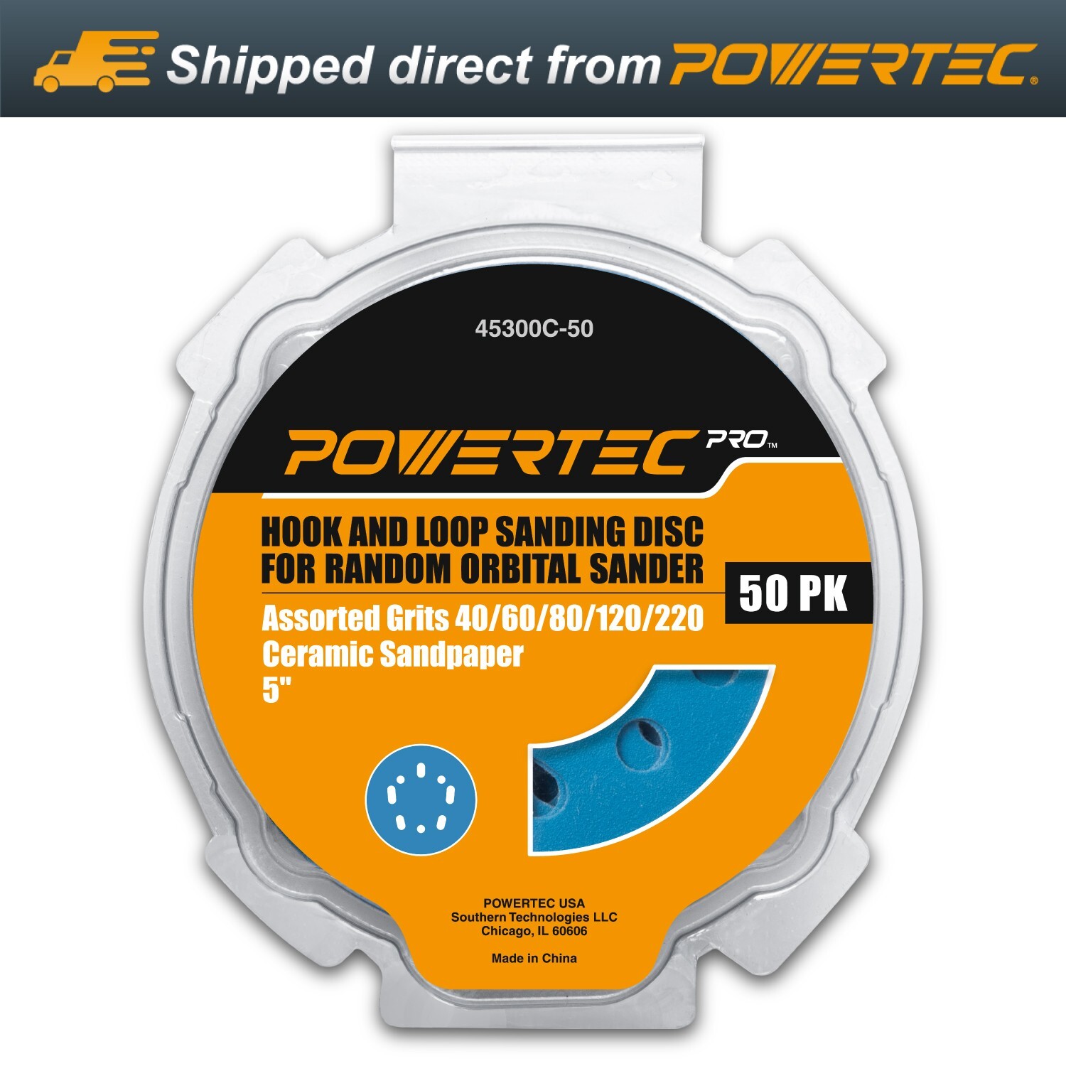 POWERTEC 5-Inch Hook and Loop Sanding Disc, Assorted Grits 40/60/80/120/220