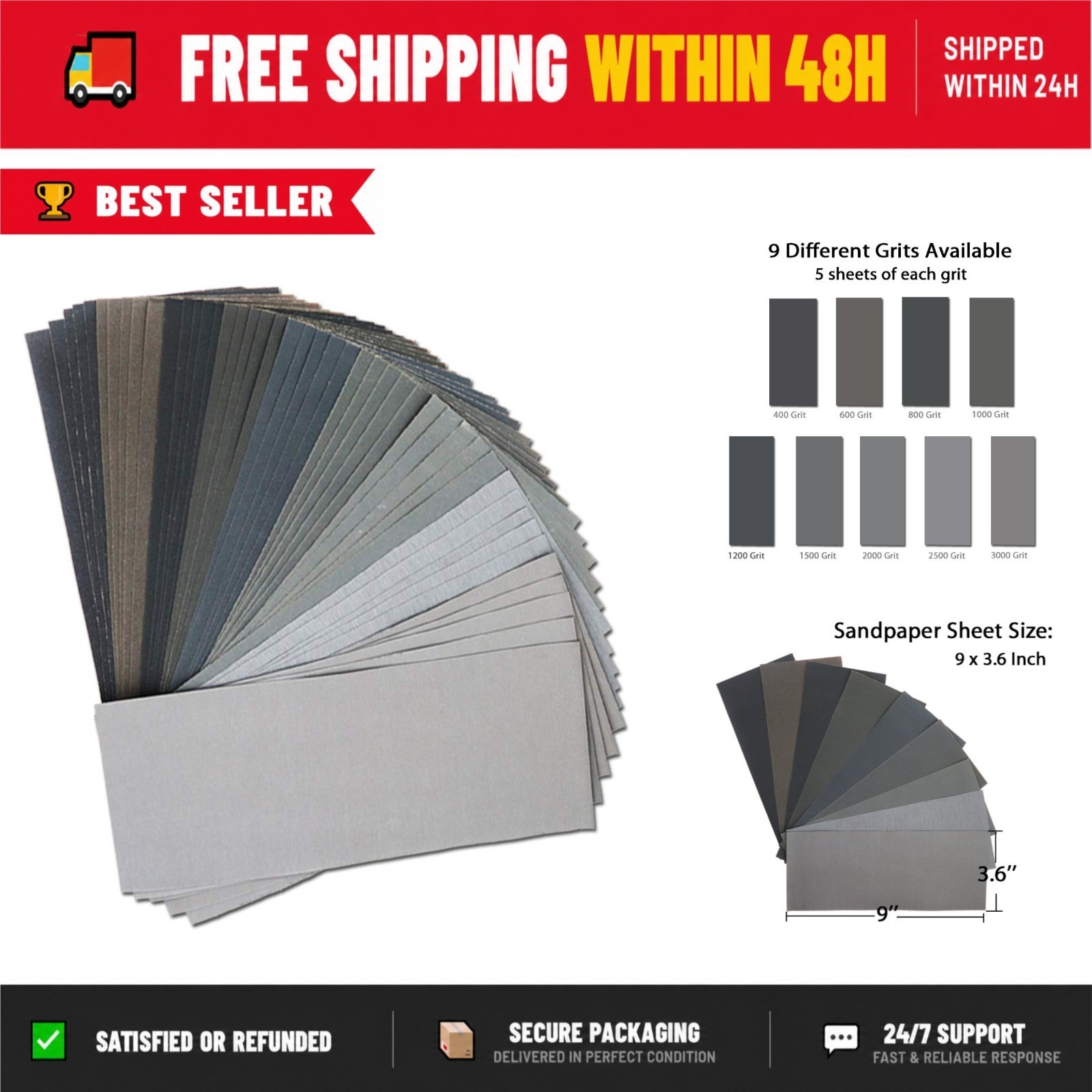 45Pcs Wet Dry Sandpaper Assorted Grits for Automotive & Wood Finishing