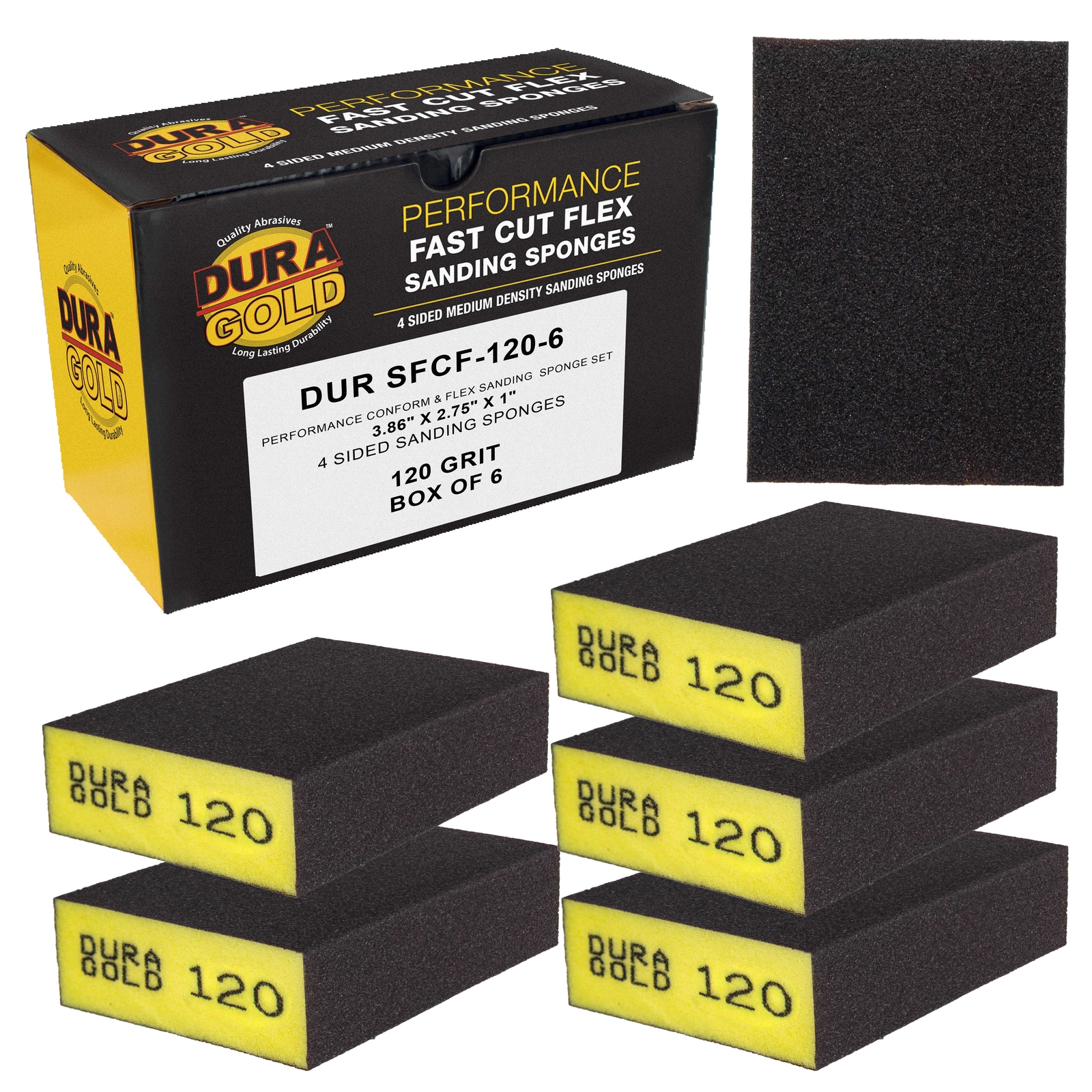 120 Grit 4-Sided Hand Sanding Block Sponges, Box of 6 – 3.9″ x 2.75″ Wet/Dry