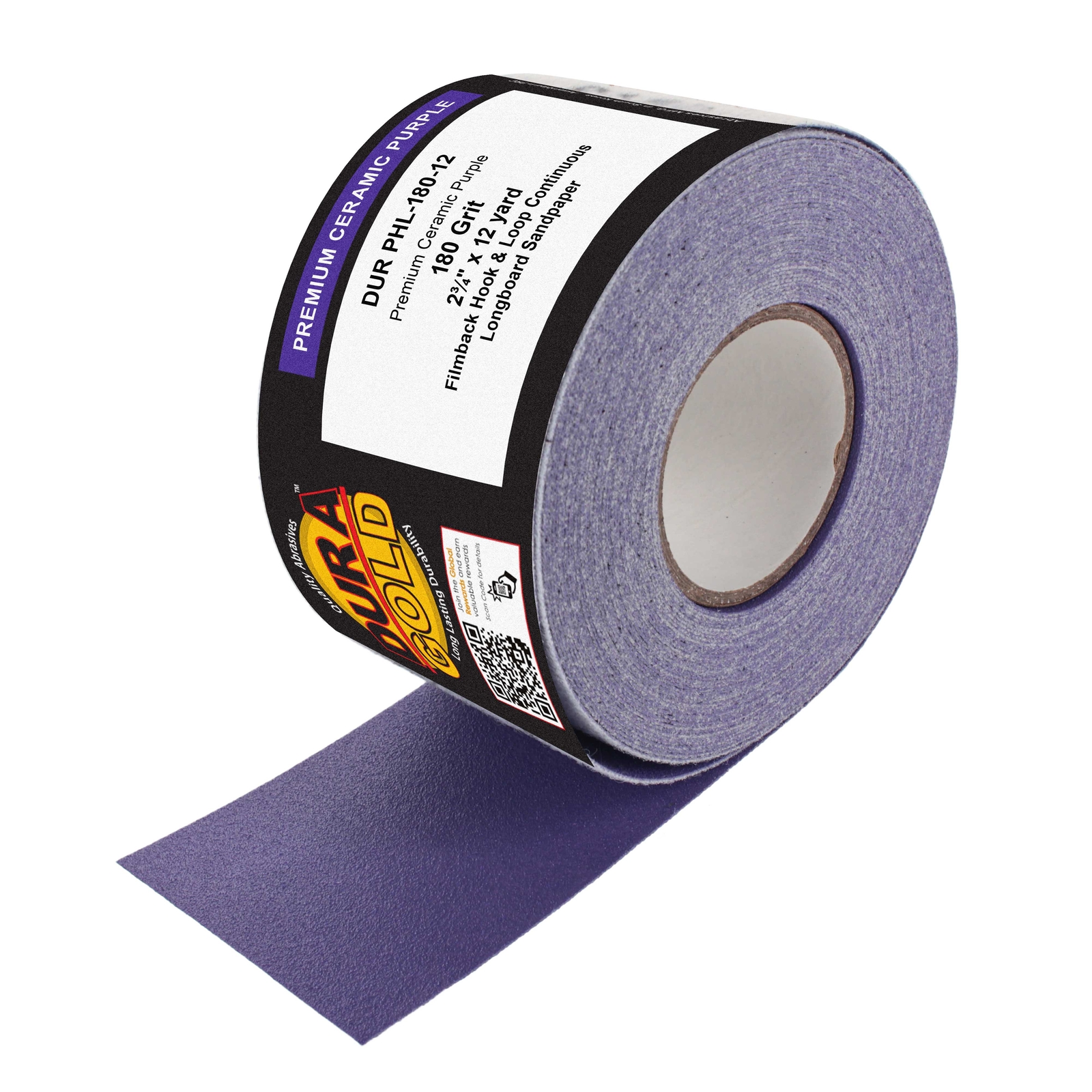 180 Grit Purple Ceramic 2.75″ x 12 Yard Roll Hook and Loop Longboard Sandpaper