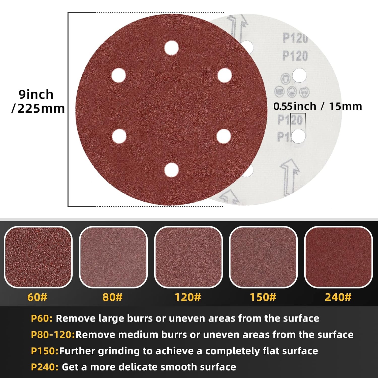 50pc 9 Inch 6 Hole Sanding Discs Set 50pc 60 80 120 150 240 Grit Sandpaper Set