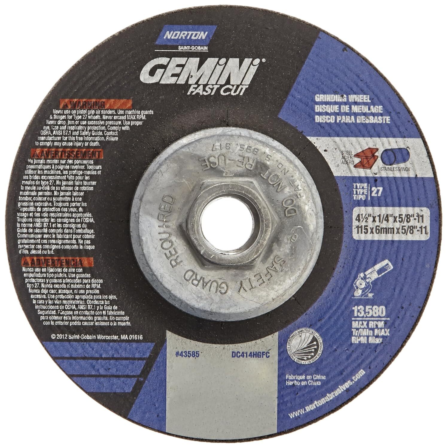 Norton 43585, Gemini Grinding Wheel, T27, 4-1/2″ Diameter x 1/4″ Thick x 5/8″…