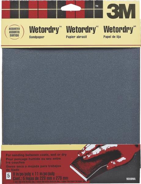 NEW 3M 9088 PACK (5) SHEETS 9X11 WET OR DRY ASSORTED GRIT SANDPAPER 5387865