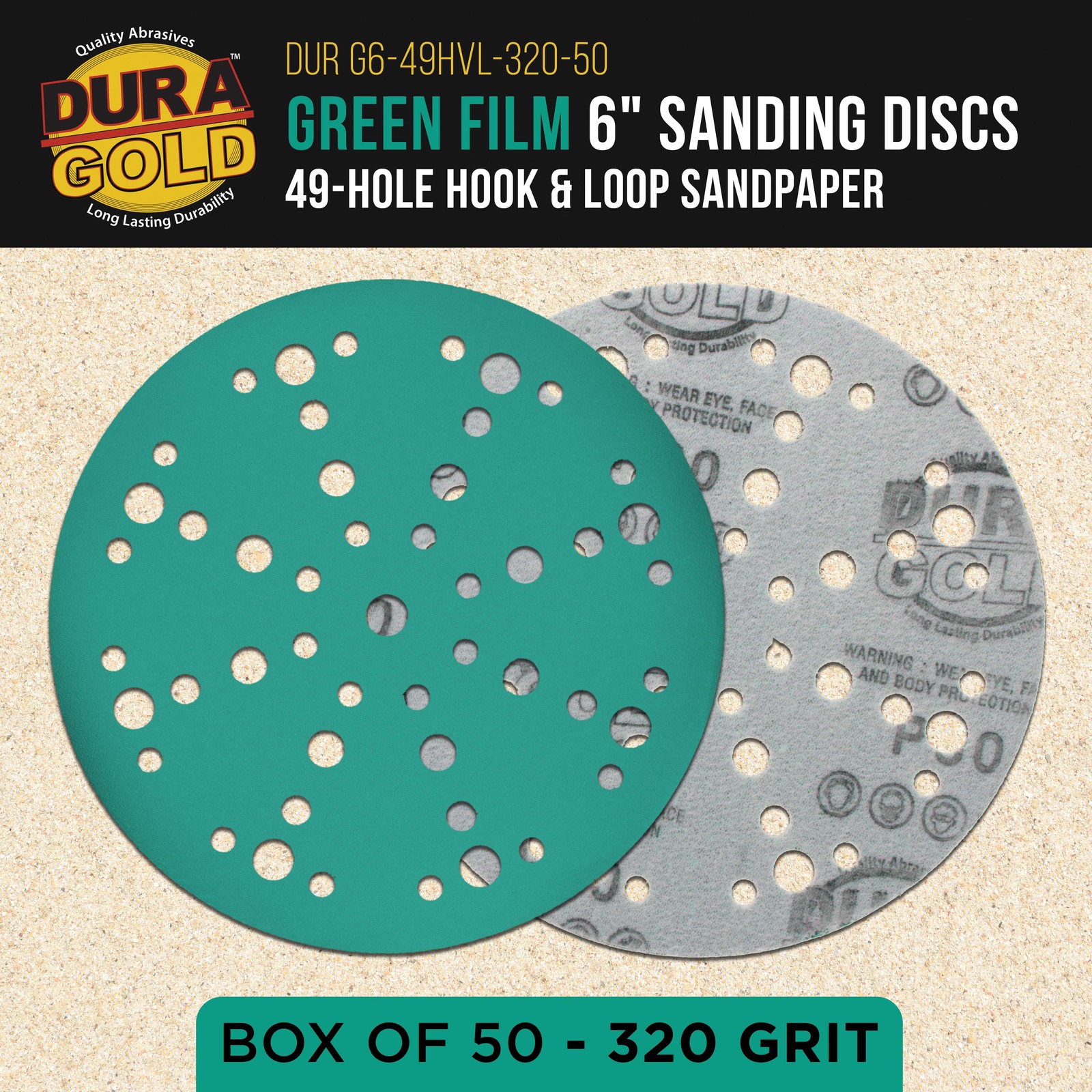 320 Grit 6″ Green Sanding Discs, 49-Hole, Box of 50 – Hook & Loop Sandpaper