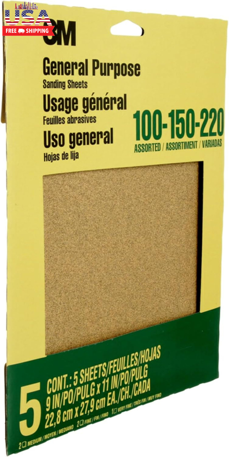 Aluminum Oxide Sandpaper, 5 Sheets, Assorted Grit 100-150-220, 9-In X 11-In, Mul
