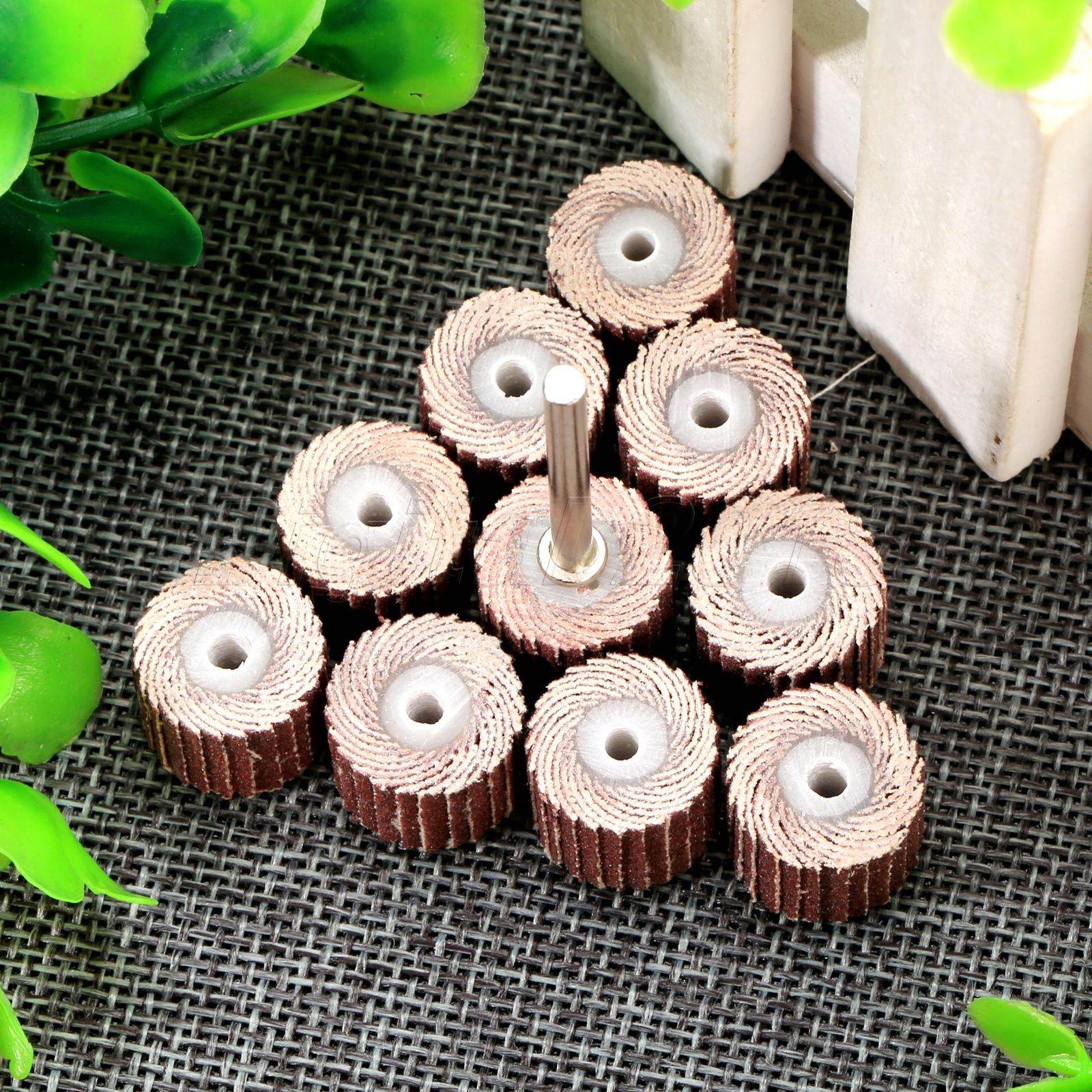 10PC 12mm Polish Grinder 240 Grit Flap Wheel Head + Rod For Power Rotary Tool