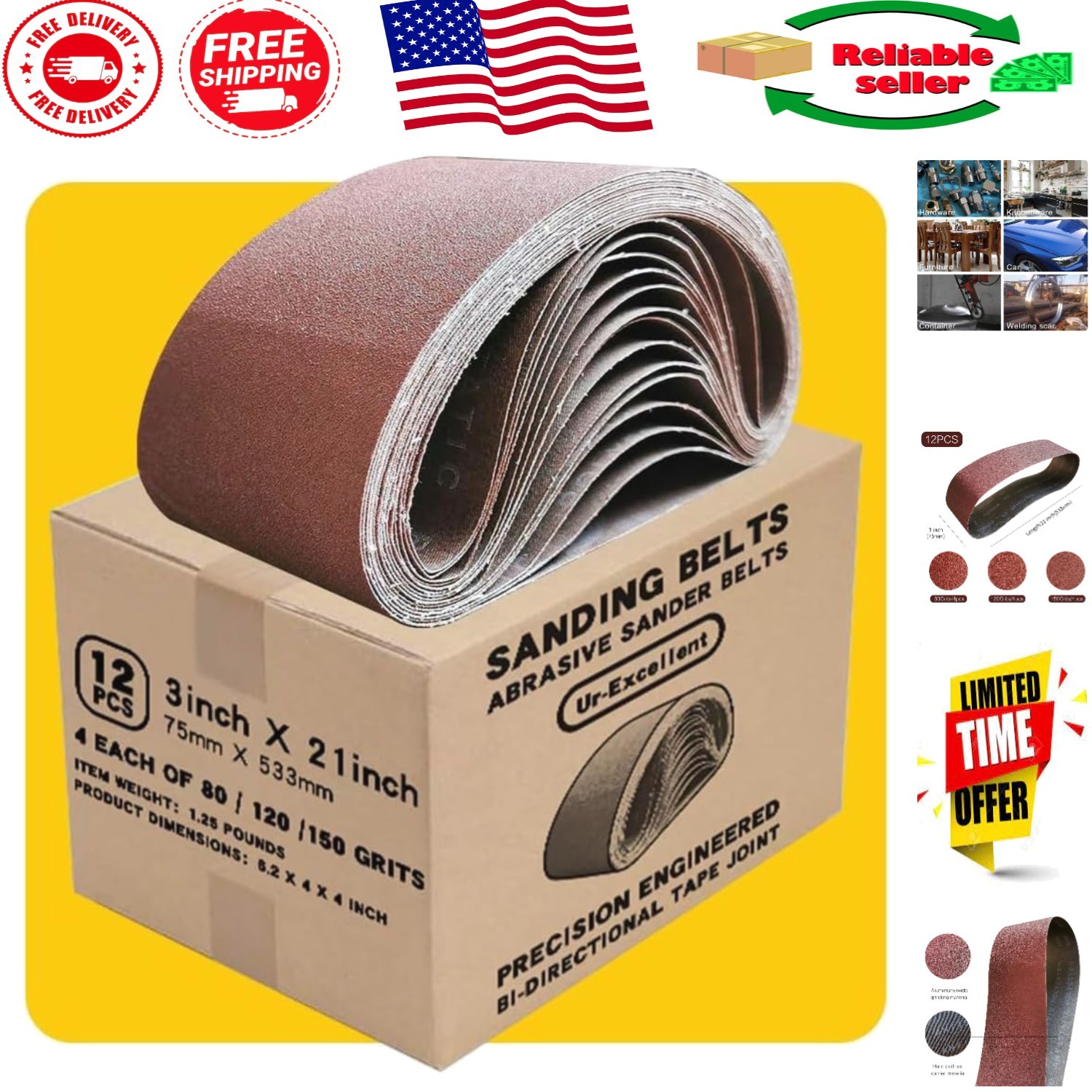 Flexible and Washable 3×21 Sanding Belts – 12 Pack with Quality Aluminum Oxide
