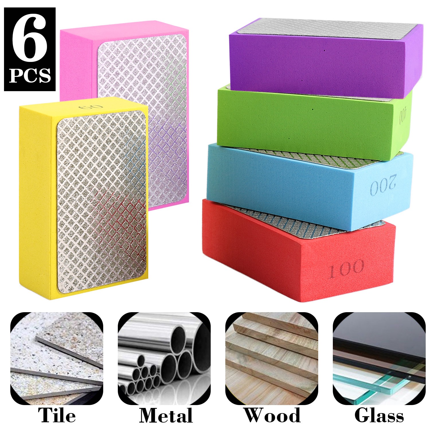 6Pcs Hand Diamond Polishing Pads Sanding Blocks Set Grit 60/100/200/400/600/1000