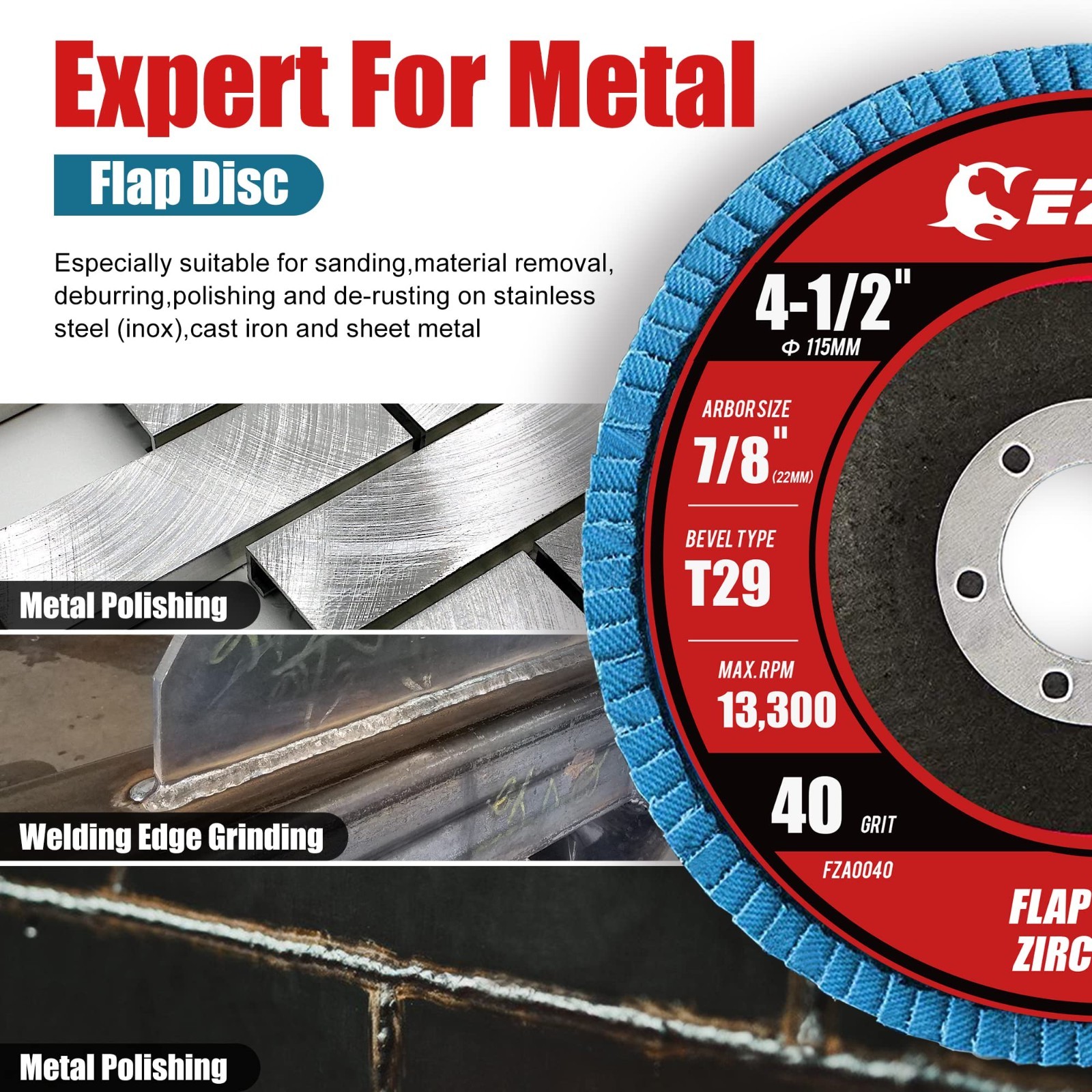 40 Grit Flap Discs 4.5″ x 7/8″ Zirconia Sanding Wheel for Stainless Steel – 10 P