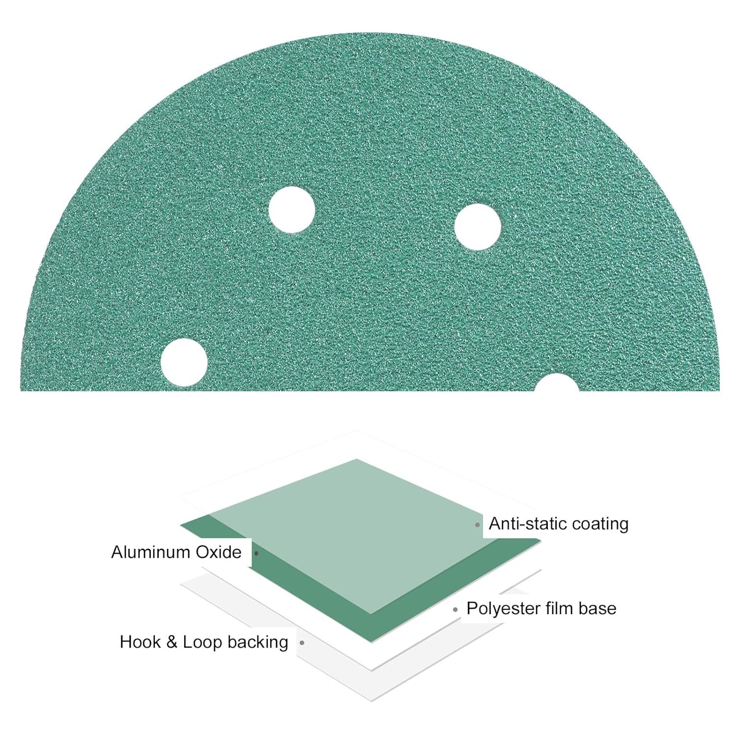 6 Inch 50PCS Sanding Discs Hook&Loop,6 Hole 60 Grit Green Film for Polishing