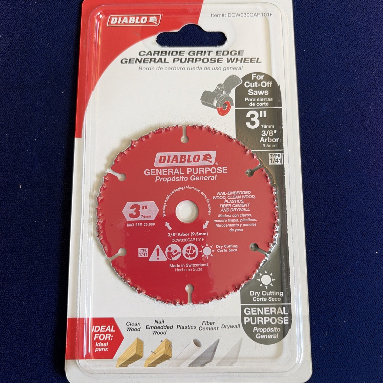 NEW DIABLO DCW030CAR101F 3″ IN. CARBIDE GRIT MULTI-MATERIAL CUT-OFF WHEEL