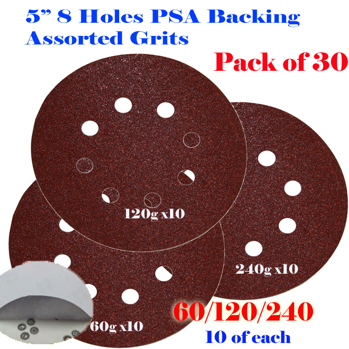 30x 5″ 8 Hole 60/120/240 Grit Sandpaper Disk Sanding Sander PSA Adhesive Backing