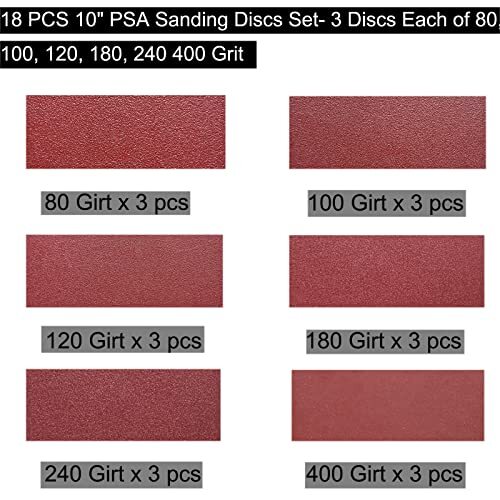 Sackorange 18 PCS 10″ PSA Sanding Discs Set – 80, 100, 120, 180, 240 400 Grit