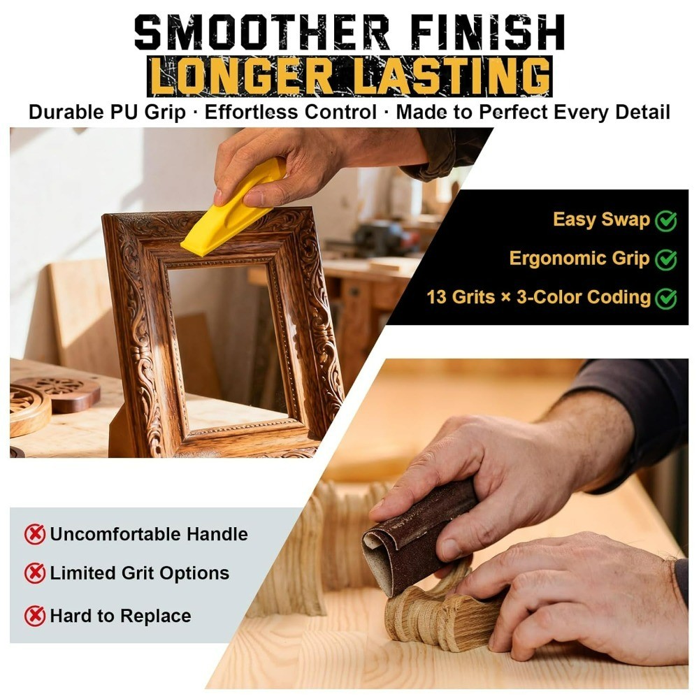 72 PCS Sandpaper Set with Ergonomic Hand Sander and Detail Sander 13 Grit Levels