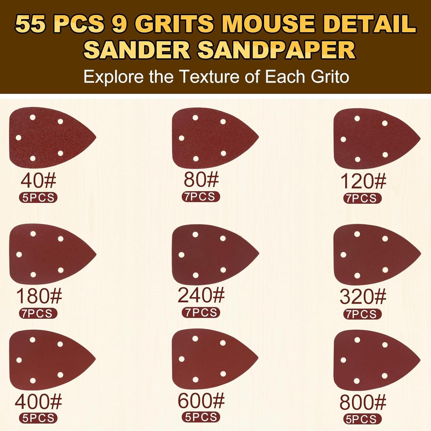 55pcs Mouse Detail Sander Sandpaper Premium Triangle Sanding Pads 9 Grits 40-800