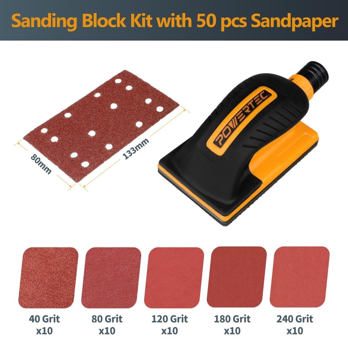 Vacuum Sanding Block Set with Dust Extraction, Hook & Loop Sandpaper – 40 to 240
