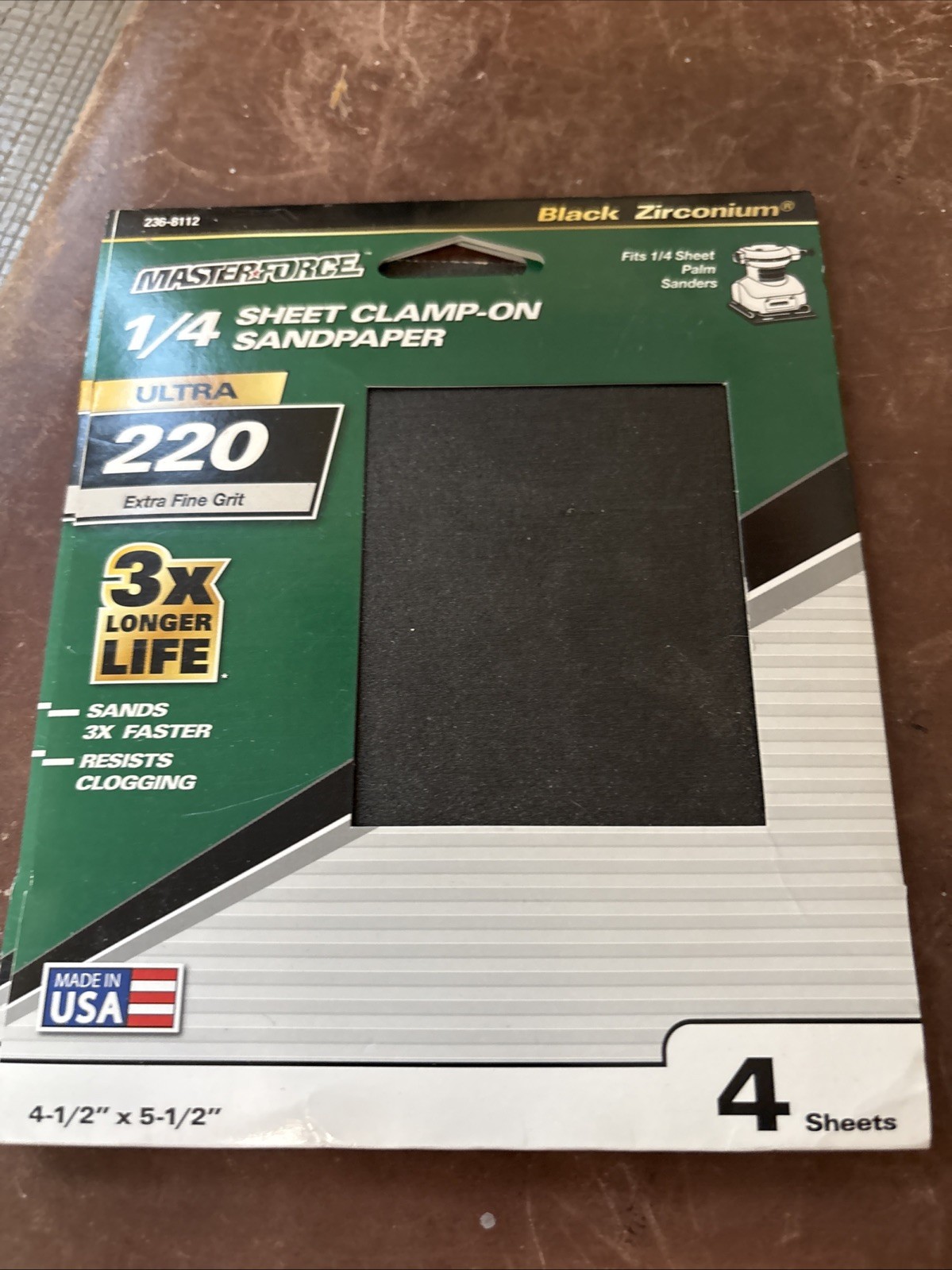 Master Force 1/4 Sheet Clamp On Sand Paper 220 Extra Fine Grit 8 Sheets