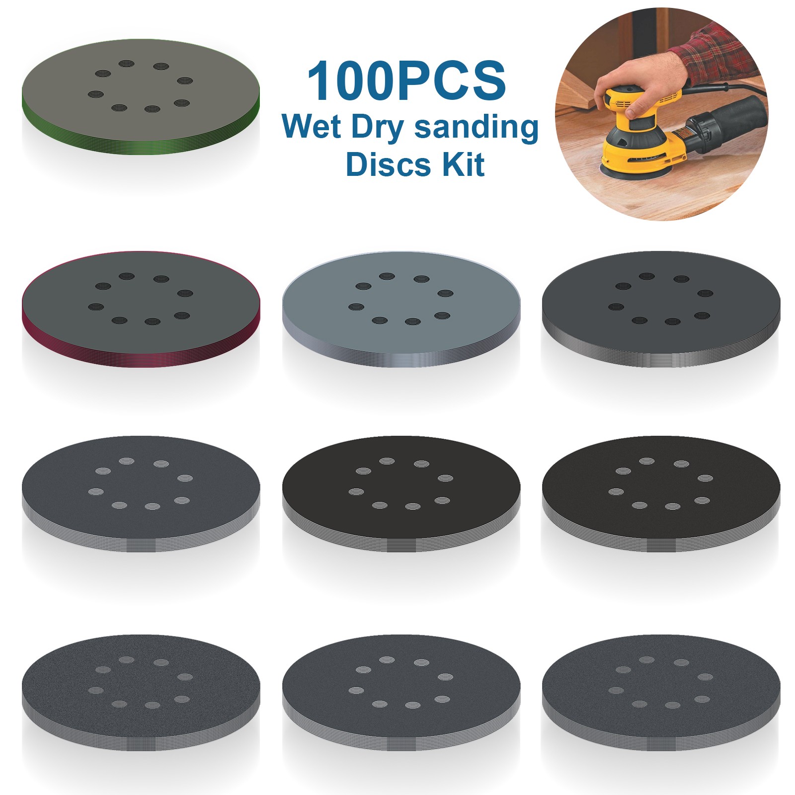 100PCS 5″ Sanding Discs 8 Hole Wet Dry Hook Loop Sandpaper for DA Orbital Sander