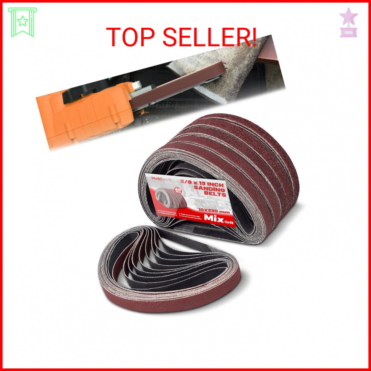 3/8 x 13 Inch 10 x 330 mm Sanding Belts Set – 60-Pack with 40/60/80/120/150/240