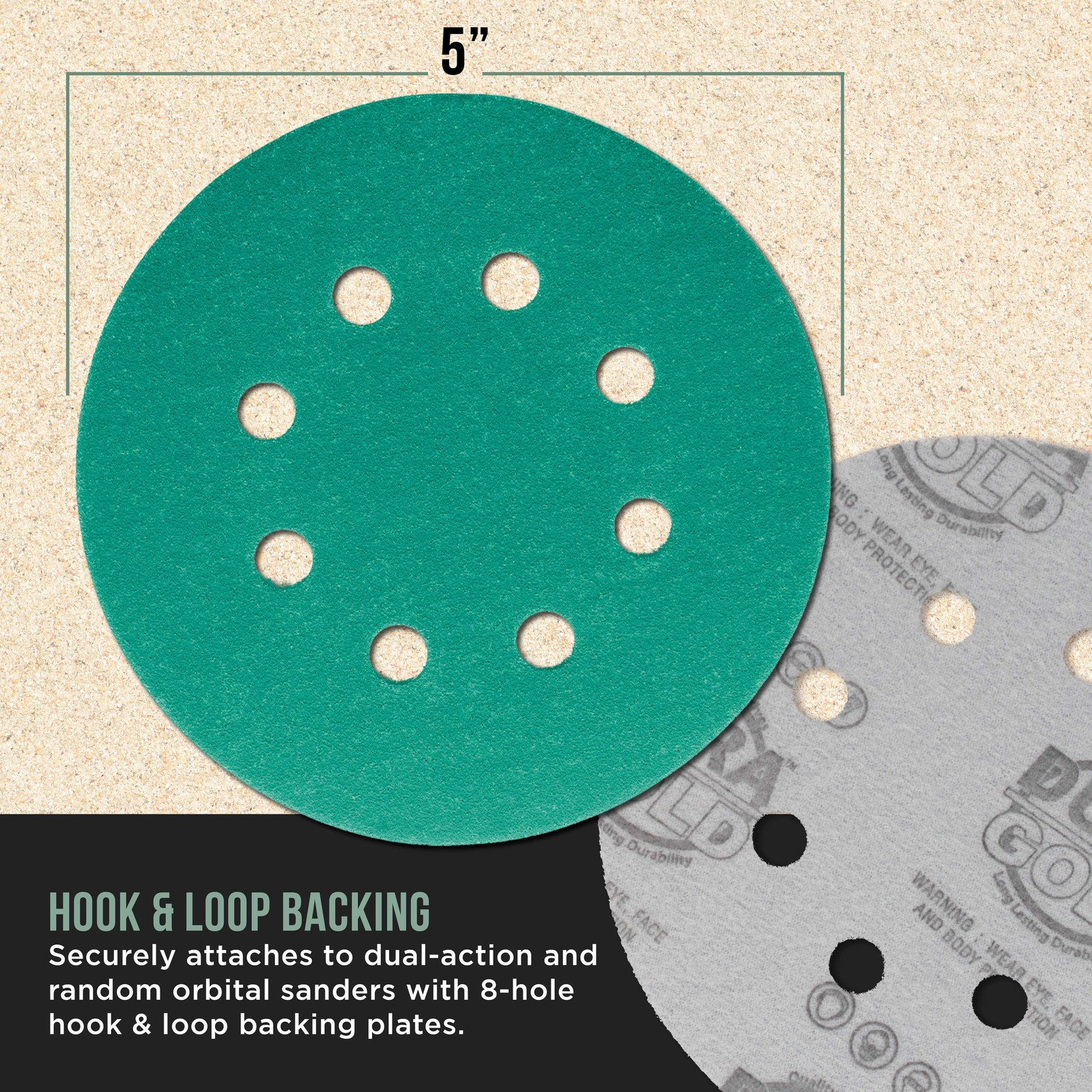 180 Grit 5″ Green Sanding Discs, 8-Hole, Box of 50 – Hook & Loop Sandpaper