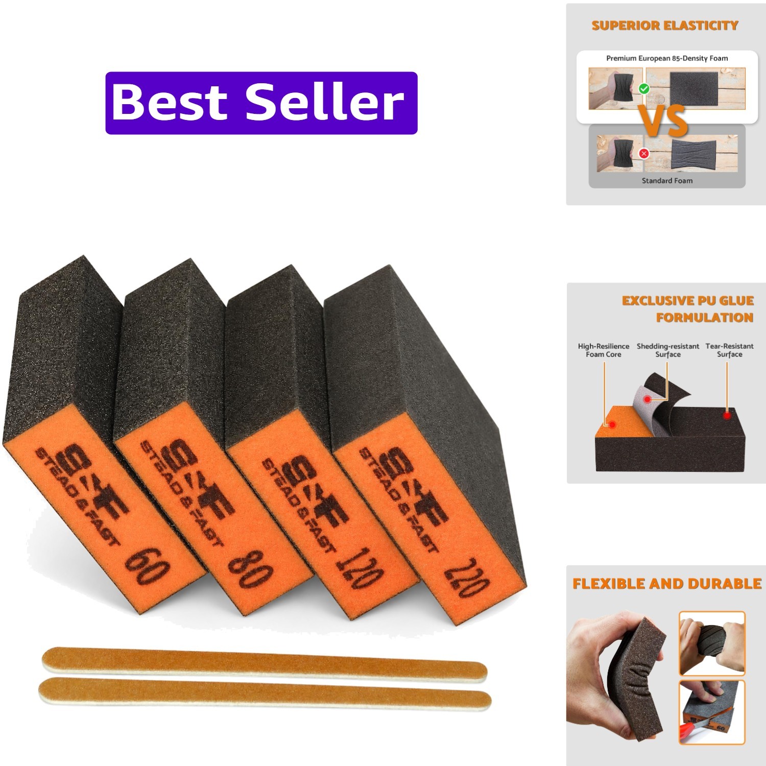 Sanding Sponge 60 80 120 220 Grit 4 Pcs with 2 Emery Board | Superior Elastic…