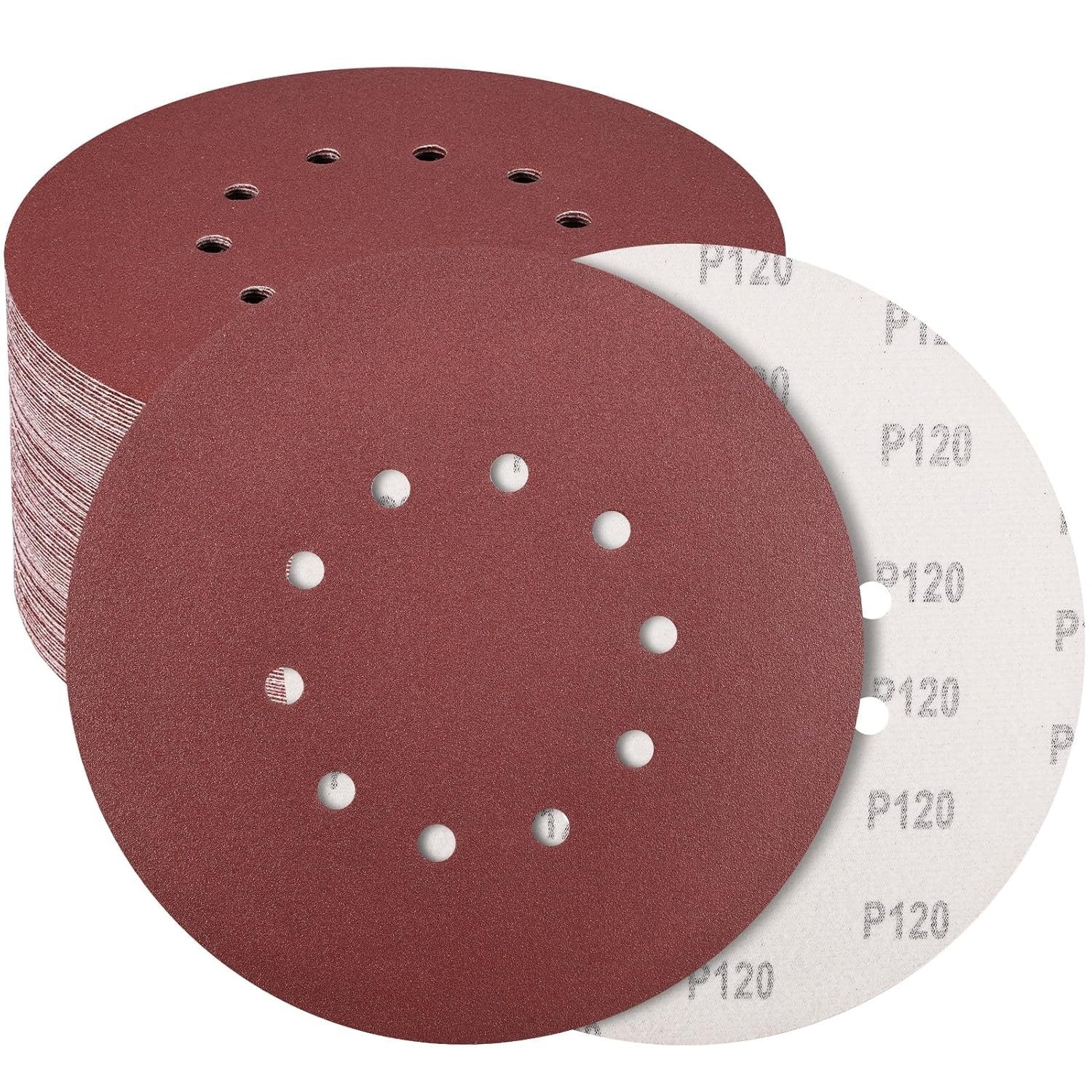 50 Pack 9-Inch 10-Hole Hook-and-Loop Sanding Disc, 120 Grit Aluminum Oxide Dr…