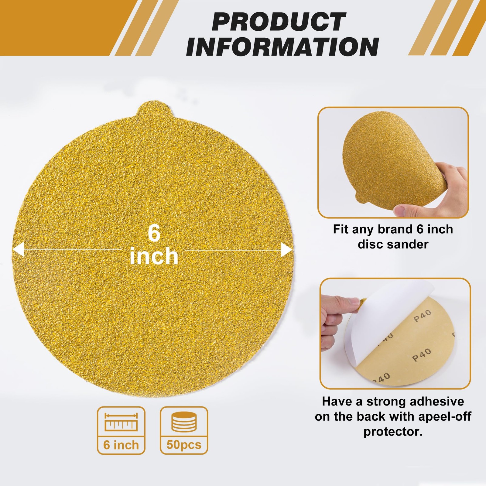 50 PCS 6 Inch PSA Sanding Discs 40 Grit Self Adhesive Sticky-Back Sandpaper f