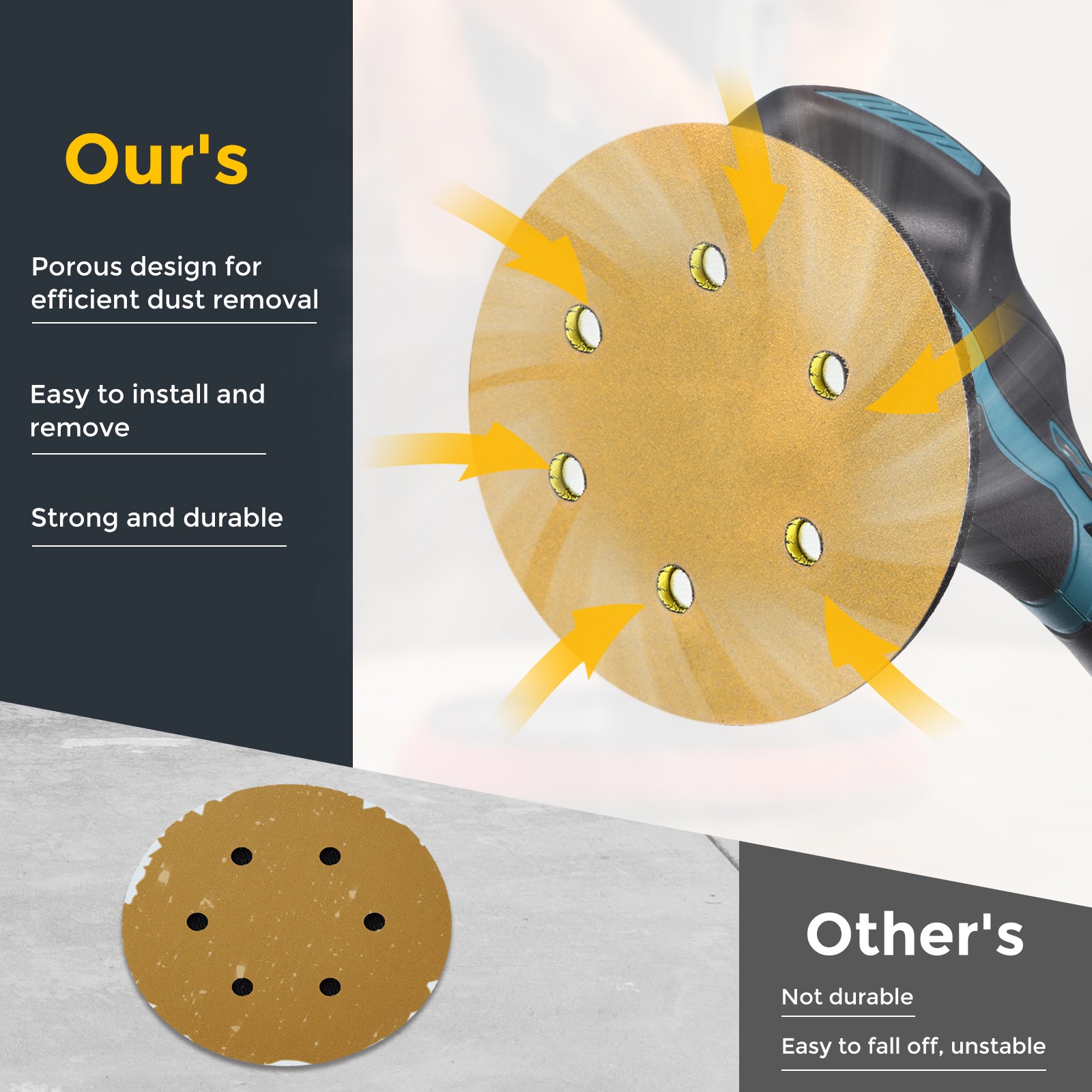 200 Pcs 5 Inch Sanding Disc 8 Hole 60 Grit Hook and Loop Sandpaper, Gold
