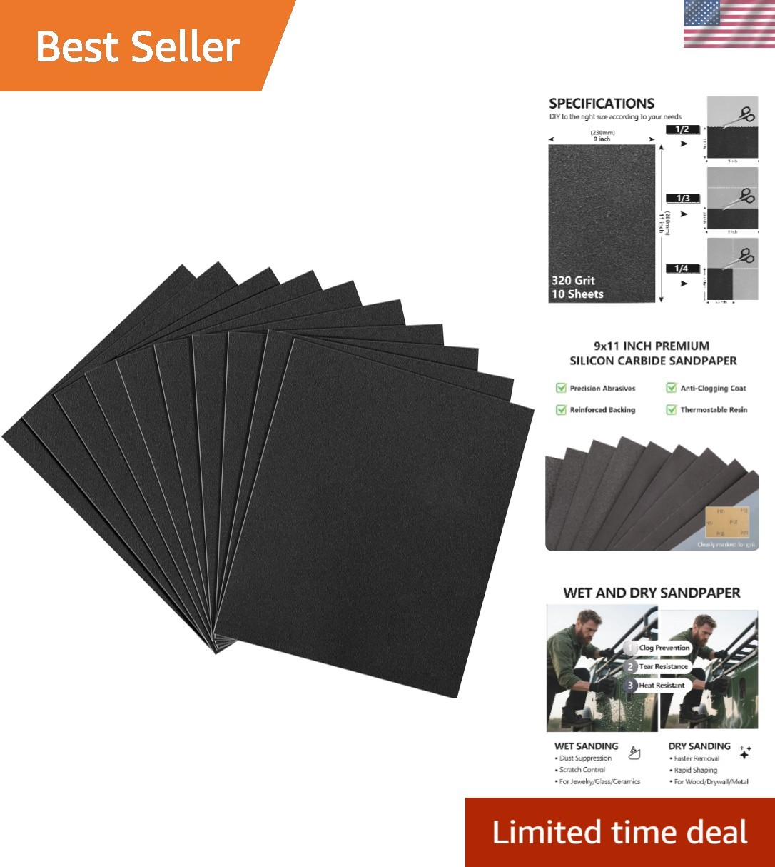 10 Pack of 320 Grit Aluminum Oxide Sanding Sheets – 9×11 Inch, Multi-Tool Use