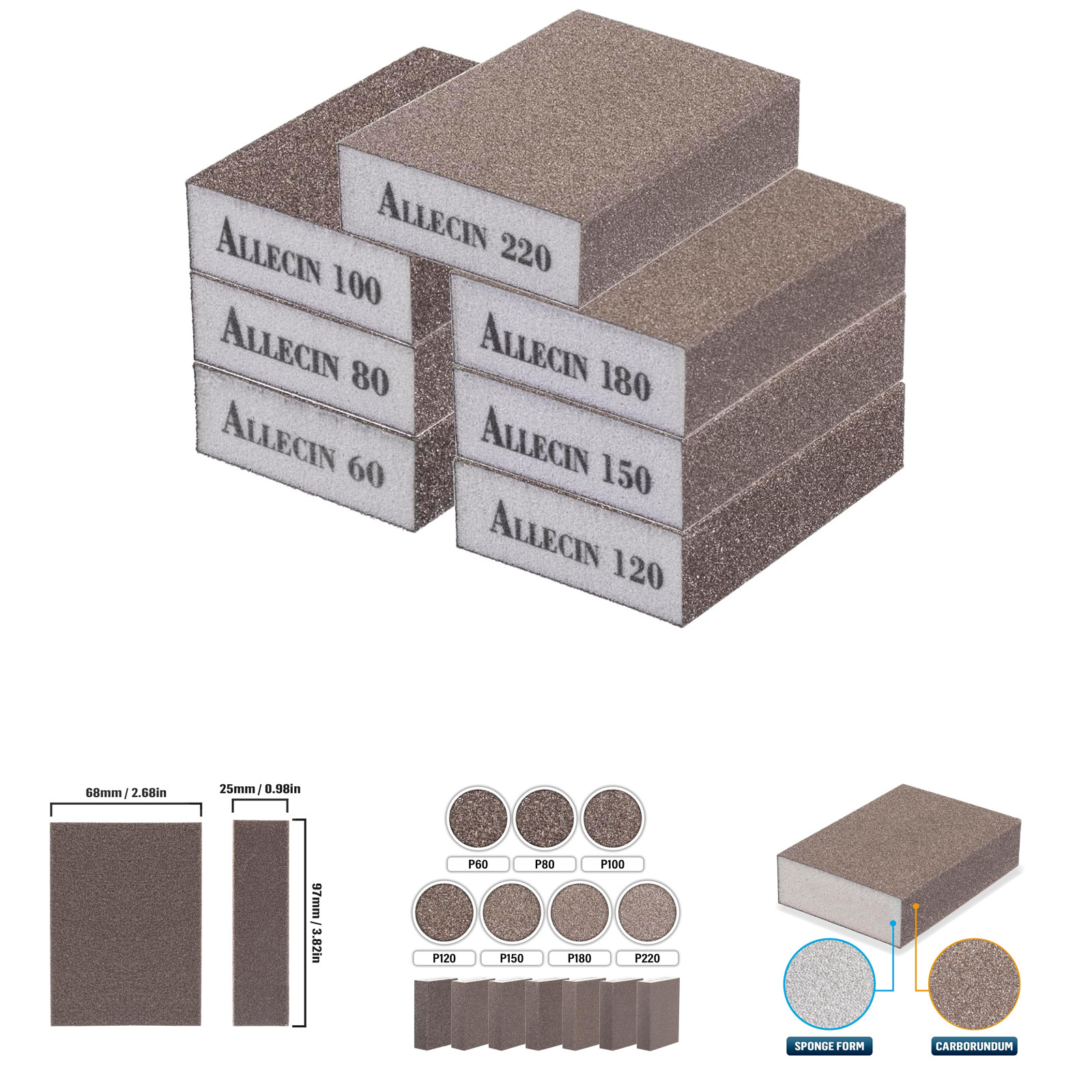 Sanding Block Set 60 80 100 120 150 180 220 Grit Reusable Wet Dry Wood Metal