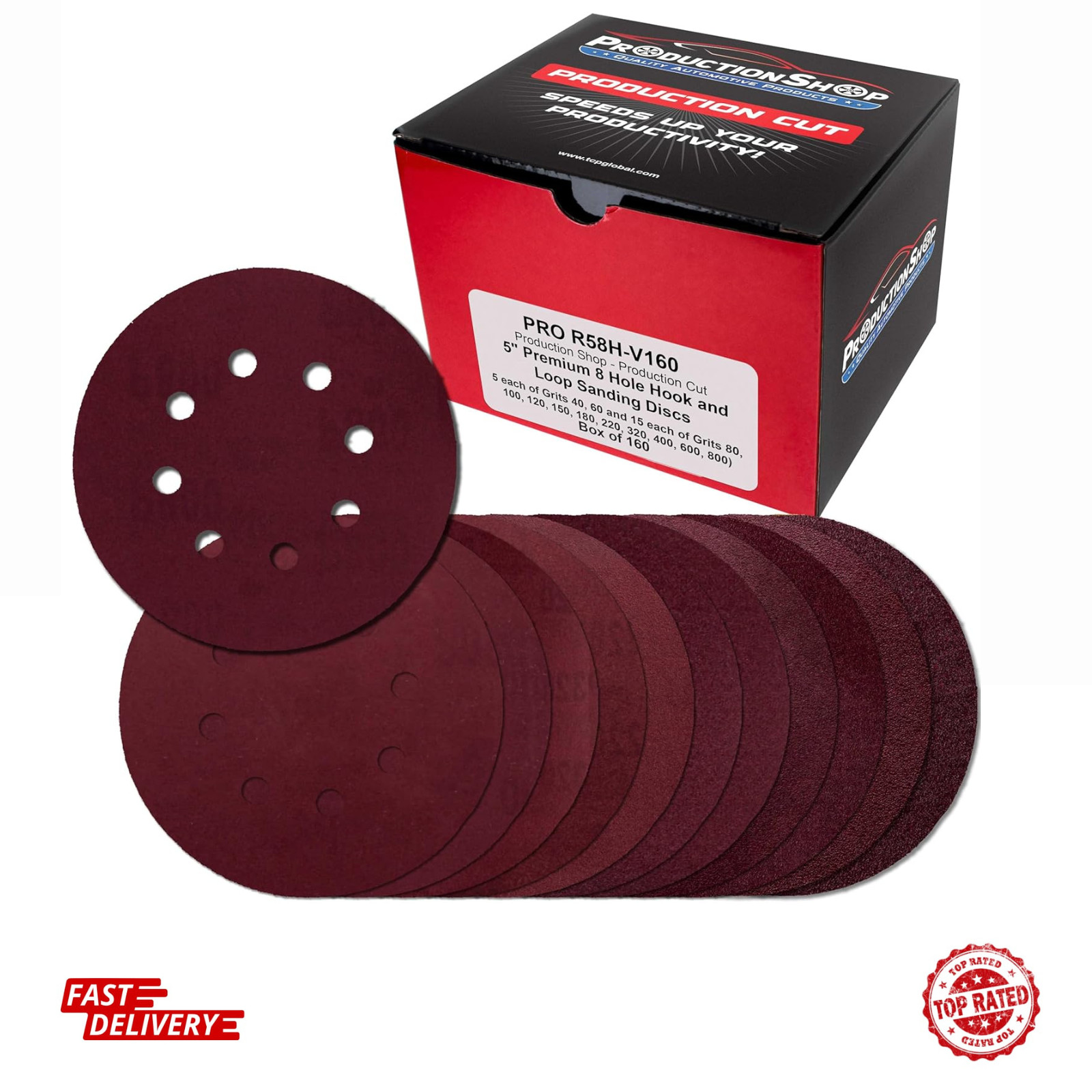 160 Pack 5 inch Sanding Discs 8-Hole Red Variety Pack Grit, Hook ,Loop Sandpaper
