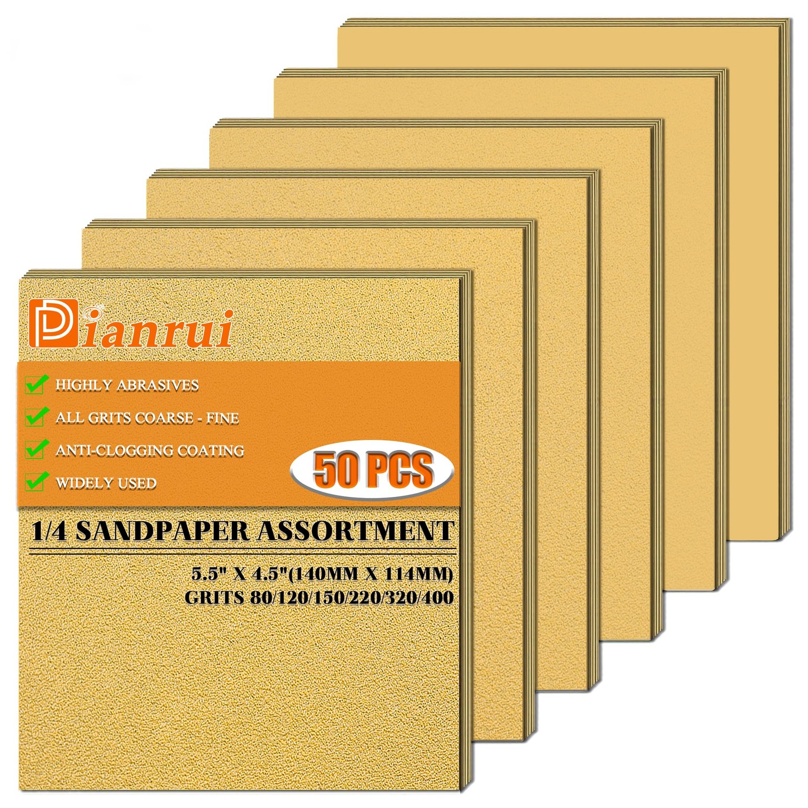 50 PCS 5.5×4.5 In 1/4 Sheet 80400 Grit Drywall Wood Sandpaper Assortment