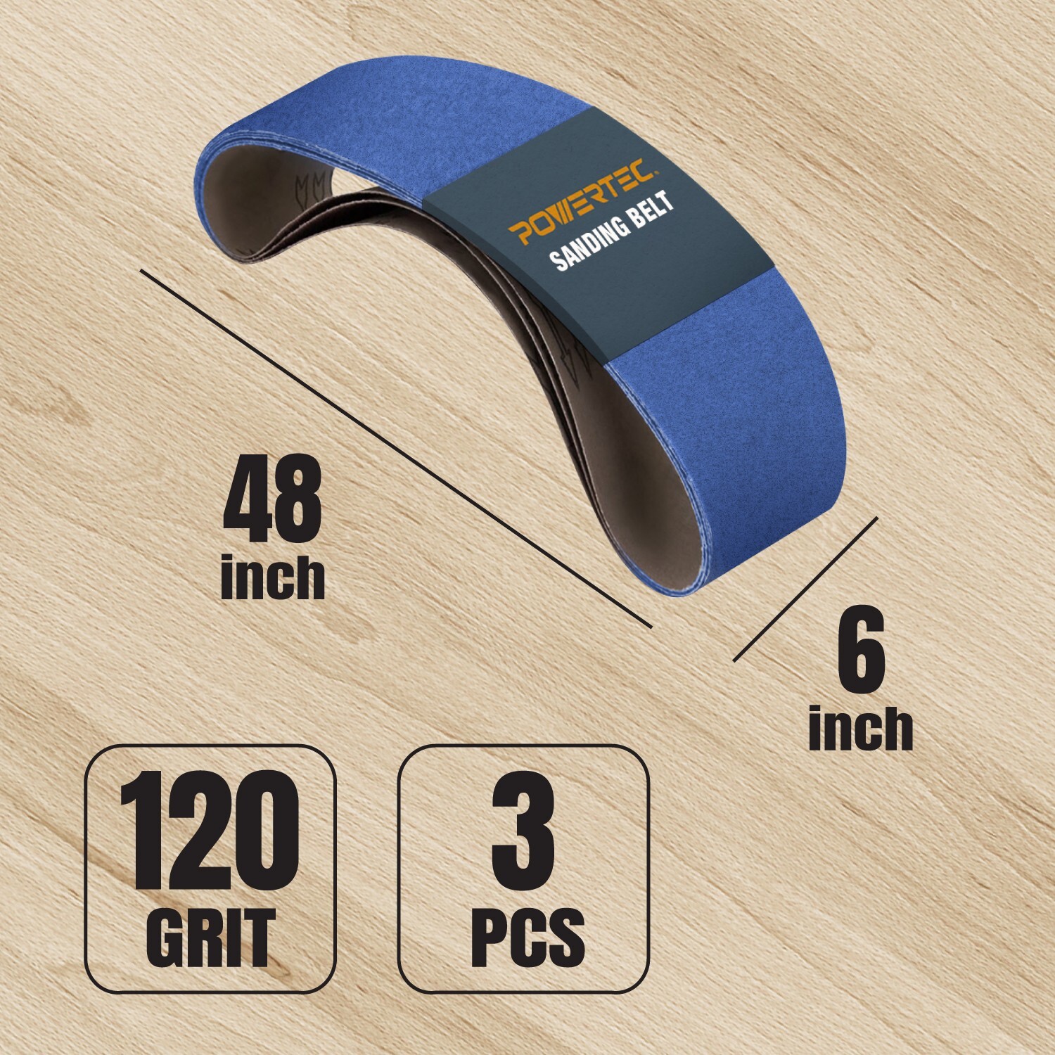 POWERTEC 6 x 48 In 120 Grit Metal Grinding Zirconia Sanding Belt-3PK (464812Z-3)