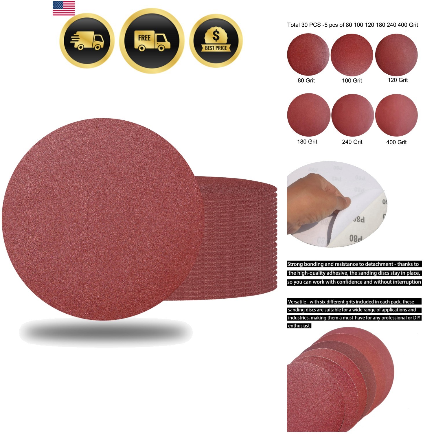 30 Pack 8″ PSA Sanding Discs Set – 5 Each of 80, 100, 120, 180,240, 400 Grit …